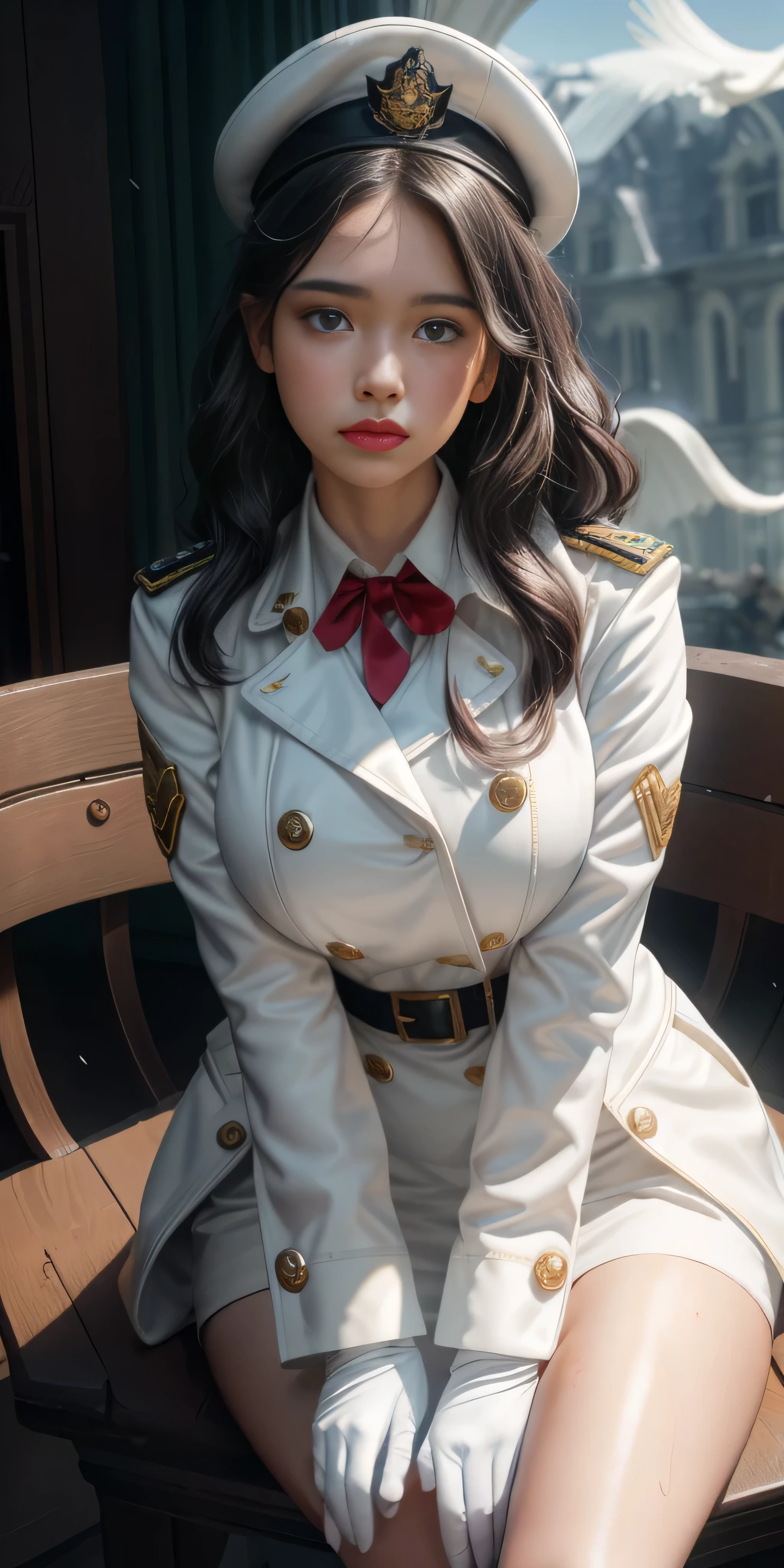 Very detailed CG, 1 girl, red face, slightly open lips, wet body, plump and symmetrical breasts, raised buttocks, long white trench coat, two-breasted buttons, buttoned well, white military cap, white gloves, white boots, green wavy curls, leather whip, chest bump close-up, buttocks close-up, multiple angles, sit on chair, black sky, gloomy castle, dynamic angle, flowing, 8k wallpaper, masterpiece, best quality, super detailed, best lighting, best shadows
