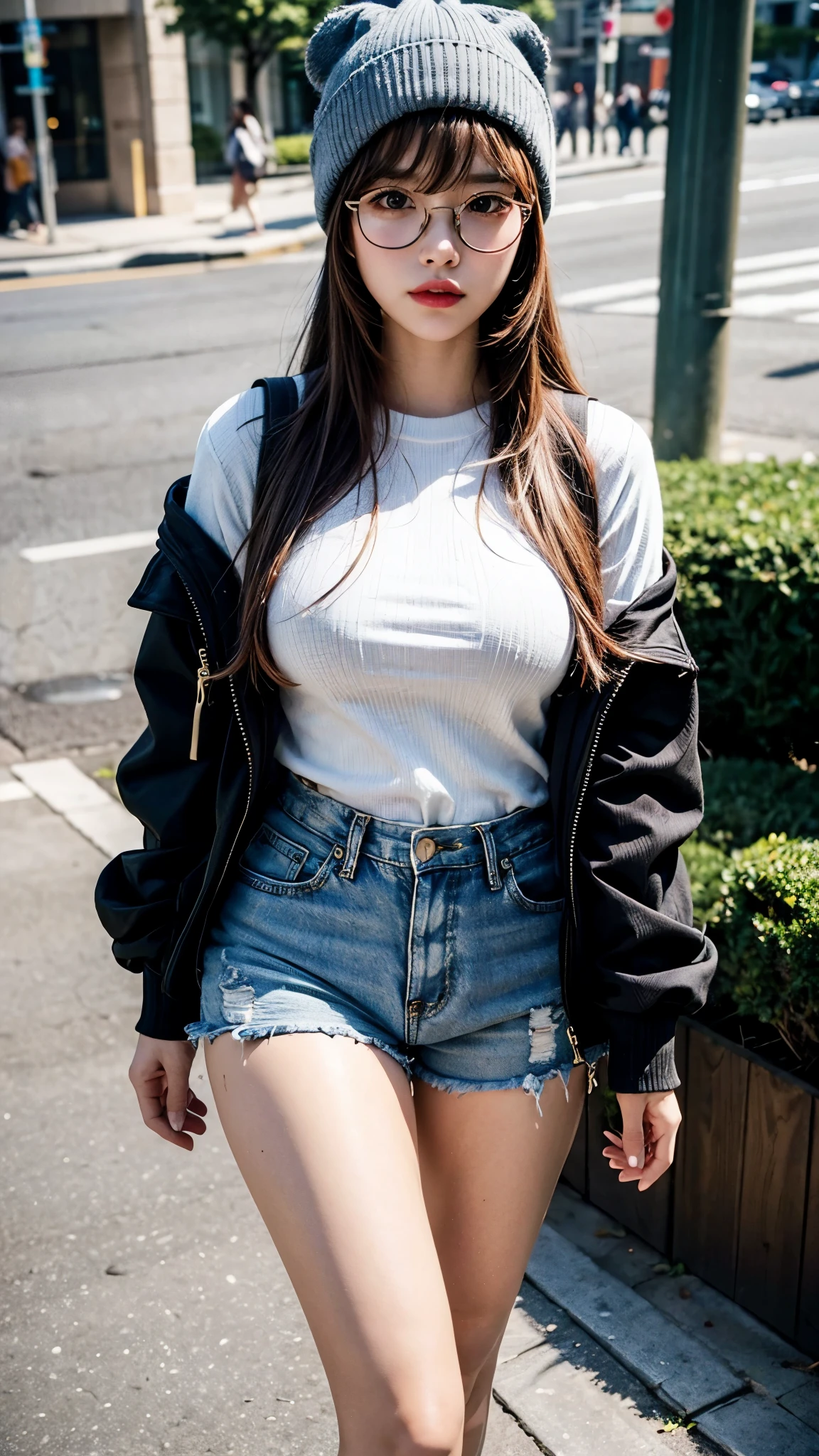 Top quality: 1.4, high resolution, perfect lighting, solo woman, bangs, big breasts, shorts, glasses, knit cap, thigh-high socks, backpack, on the street