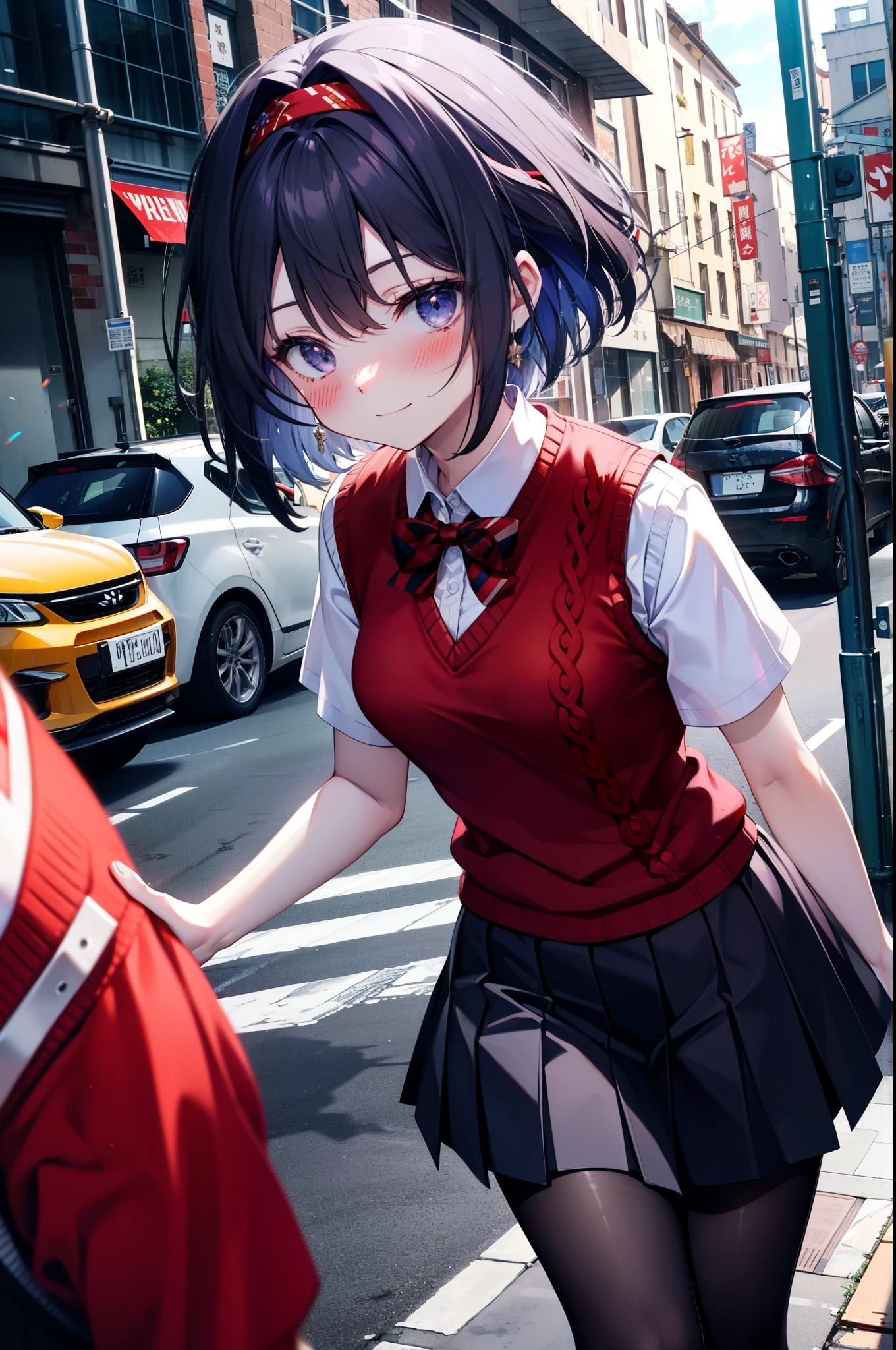 yuukikonno, Yuki Konno,Black Hair,short hair,Bob Hair ,Green headband,(iris:1.5), (Small breasts:1.2), smile,break skirt, shirt, bow, ribbon, , white shirt, Short sleeve, Pleated skirt, collared shirt, mini skirt, bowtie, 茶色のloafers , Black Skirt, Black Pantyhose, loafers, black bow, Sweater vest, (red Sweater vest:1.5),whole bodyがイラストに入るように,walk,Looking down from above,
break outdoors, city,construction area,
break looking at viewer, whole body,
break (masterpiece:1.2), highest quality, High resolution, unity 8k wallpaper, (shape:0.8), (Beautiful details:1.6), Highly detailed face, Perfect lighting, Extremely detailed CG, (Perfect hands, Perfect Anatomy),