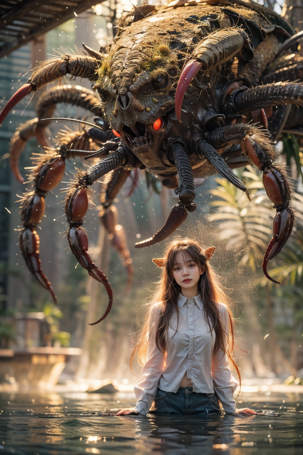 masterpiece、highest quality、Ultra-Realistic Rendering、蟹のような女性のalien、Fusion with Crab、蟹型alien、alien、Extremely intricate details、Wet texture、The bottom of the sea where light shines、