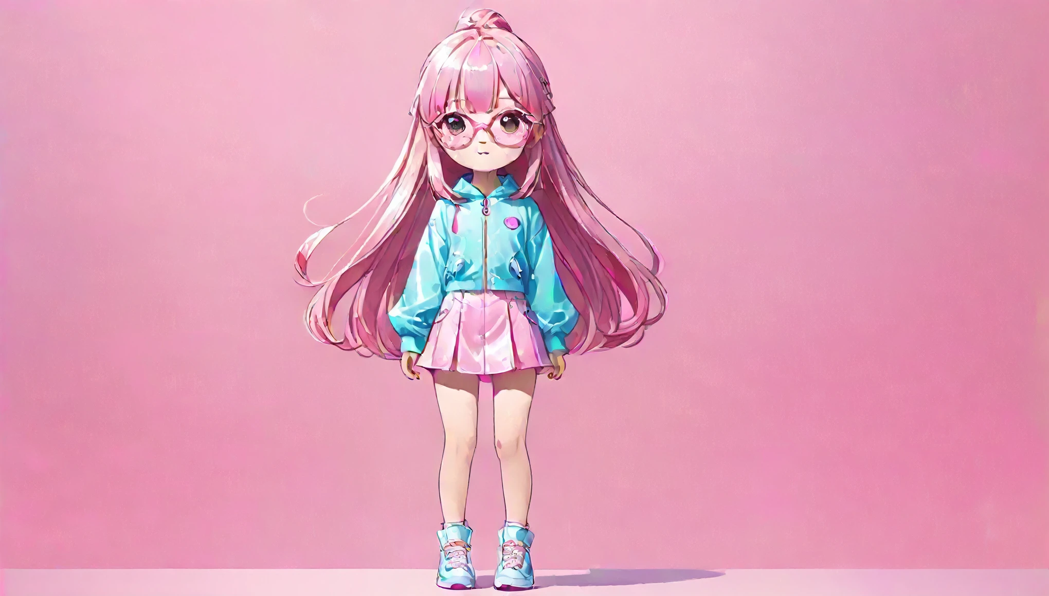 (full body:1.5),Beautiful anime irl with long pink straight hair and bangs,(in style of by Liu Ye:1.3),wearing light pink glasses,wearing a glossy outfit against a pink background,with hyper quality in the style of Artgerm,and in a y2k aesthetic Kawaii manga style,with soft lighting and pastel colors,in the style of Loish with shiny eyes as a digital illustration portrait,with a cute cartoon character design,featuring bold lines at a high resolution,(as a full body shot concept sheet digital painting with flat shading from a low angle:1.3),featuring bright pink and detailed facial features,beautiful and gorgeous,