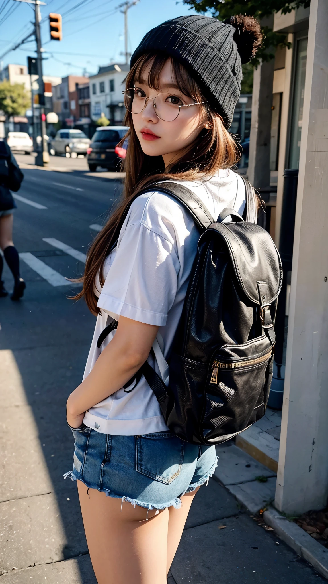 Top quality: 1.4, high resolution, perfect lighting, solo woman, bangs, big butt, shorts, glasses, knit cap, thigh-high socks, backpack, on the street
