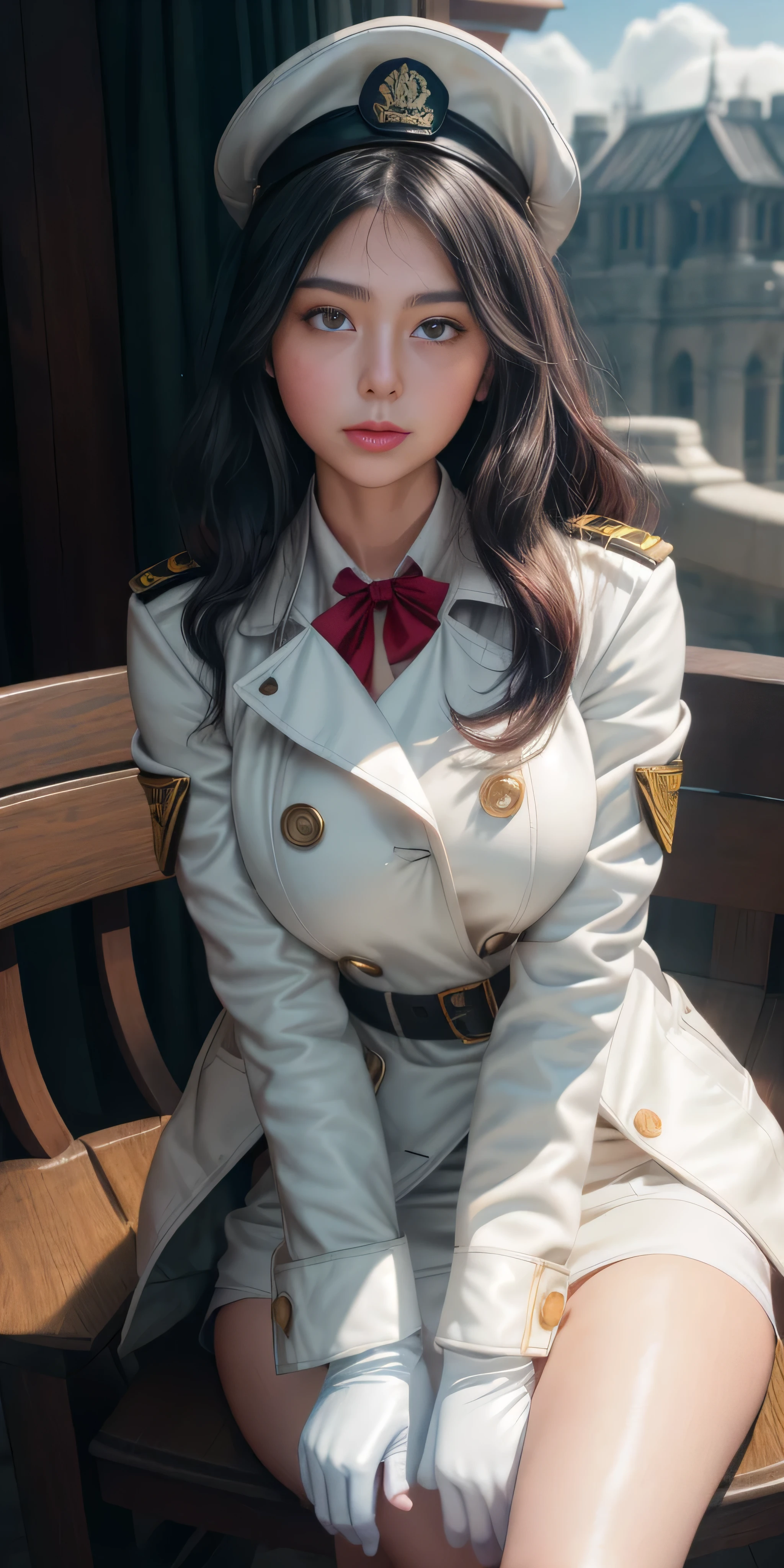 Very detailed CG, 1 girl, red face, slightly open lips, wet body, plump and symmetrical breasts, raised buttocks, long white trench coat, two-breasted buttons, buttoned well, white military cap, white gloves, white boots, green wavy curls, leather whip, chest bump close-up, buttocks close-up, multiple angles, sit on chair, black sky, gloomy castle, dynamic angle, flowing, 8k wallpaper, masterpiece, best quality, super detailed, best lighting, best shadows