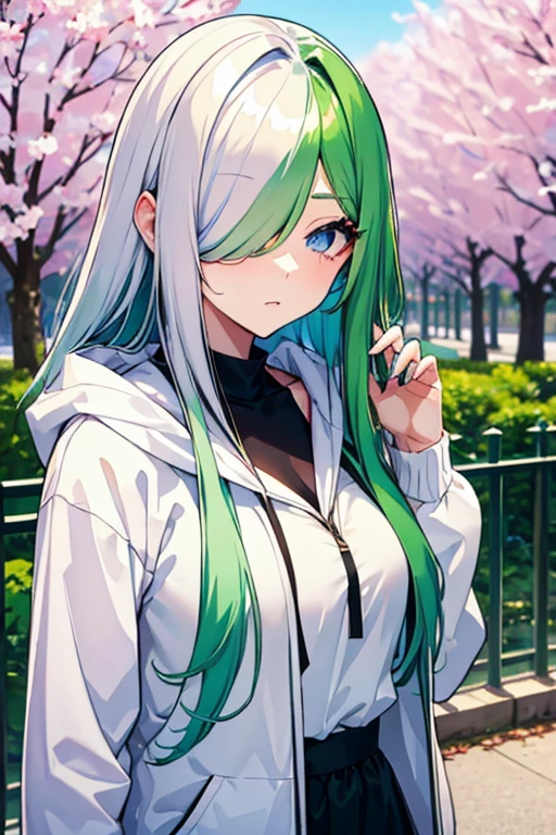 hair over one eye, White and green hair color、Casual girl、Hair on one eye、One Girl、White hoodie、Blue Eyes、cherry blossoms、(split-color hair, white hair, green hair:1.3