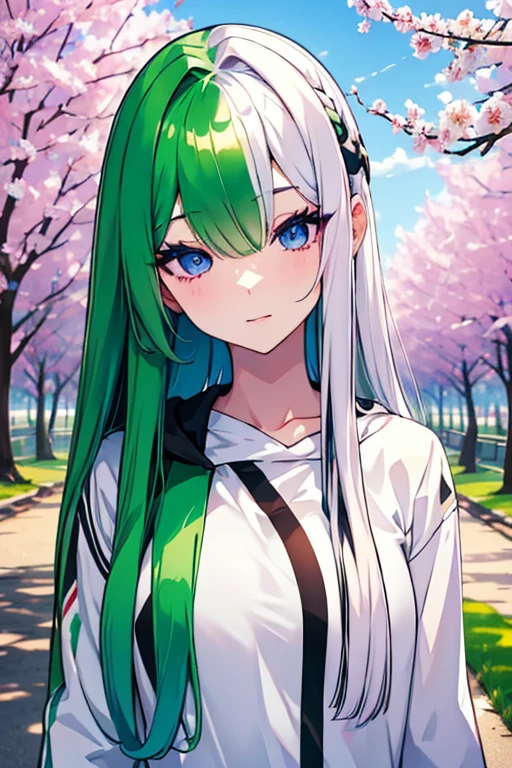 hair over one eye, White and green hair color、Casual girl、Hair on one eye、One Girl、White hoodie、Blue Eyes、cherry blossoms、(split-color hair, white hair, green hair:1.3