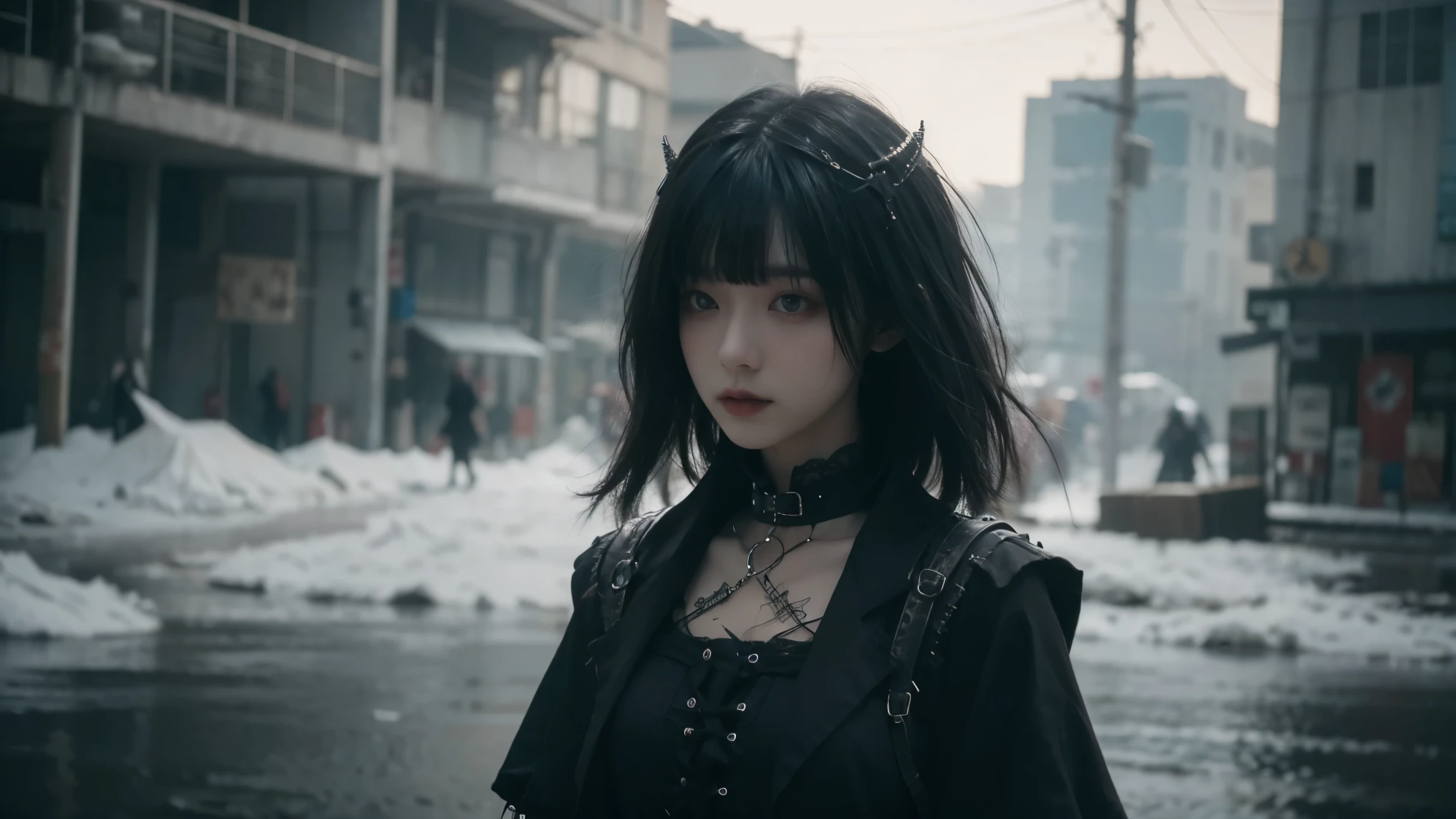 breathing, 1 girl, 24-years-old, slender, floating Medium Hair, bangs, (Gothic_Punk:1.2), masterpiece, best quality, RAW Photos, candytt, Detailed costume, fine texture background, Moody movie scene, blue ambient