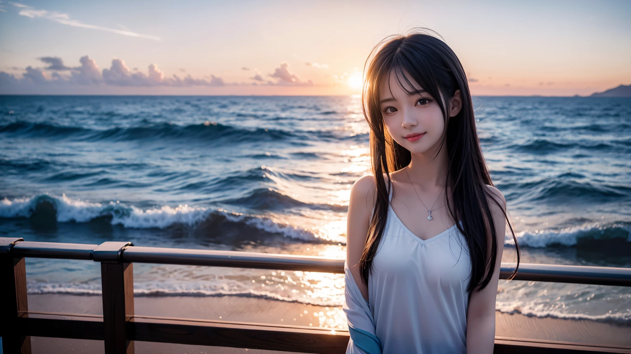 Anime Style, In the sky, Across the sea, Open both eyes, Fine-grained, In the sunset, smile, masterpiece, 4K, Detailed face, Good anatomy, highlight,