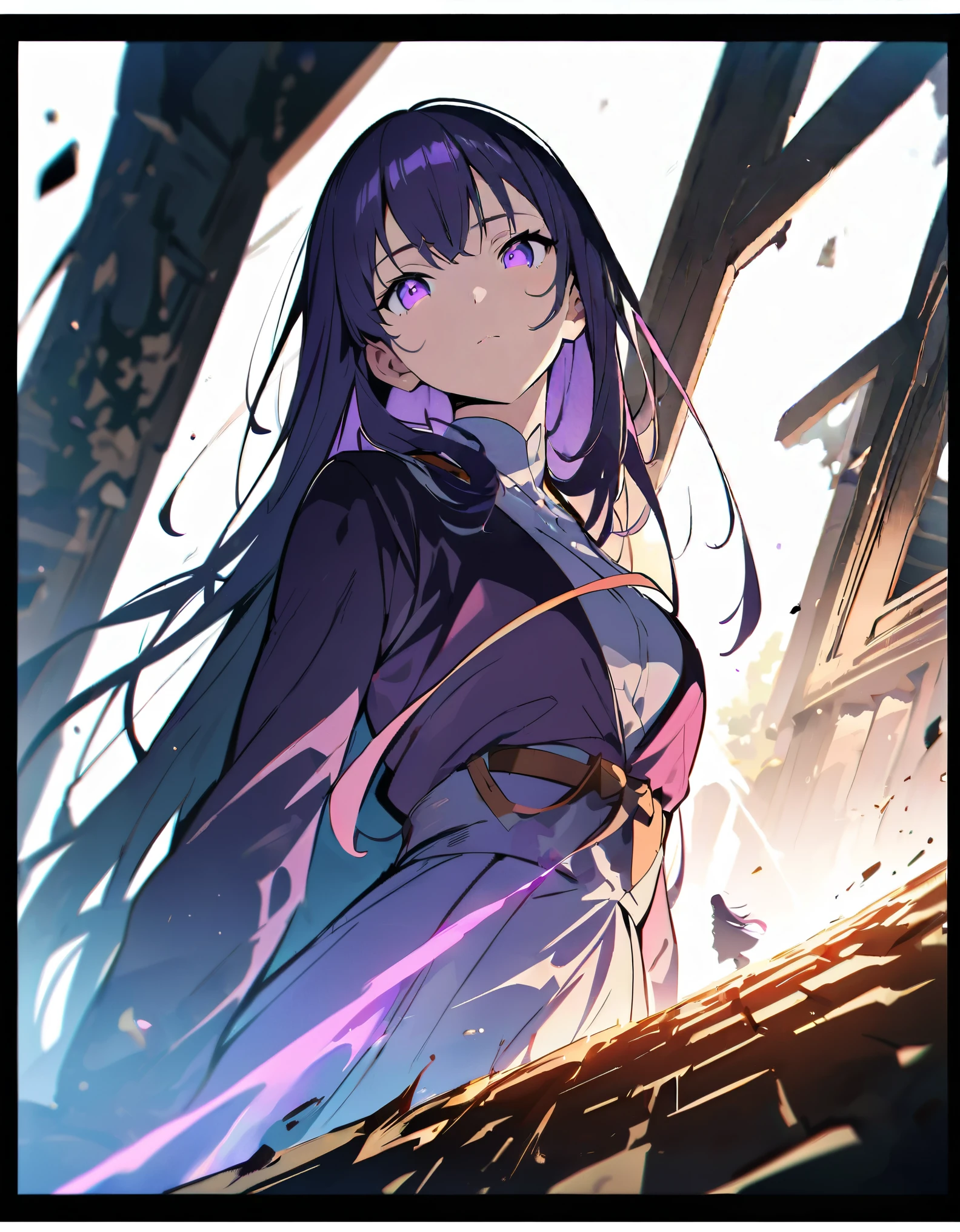(White Background:1.5)1 girl, Beautiful and detailed, Purple long hair, Pale purple eyes, Princess Dress, Glowing Skin, (Anime Style:1.5)High Contrast Girl, Attacking with a blank look in a dark basement, Side Shot, (null:1.3), (masterpiece, highest quality, perspective, Depth of the written border:1.5), Impressionism
