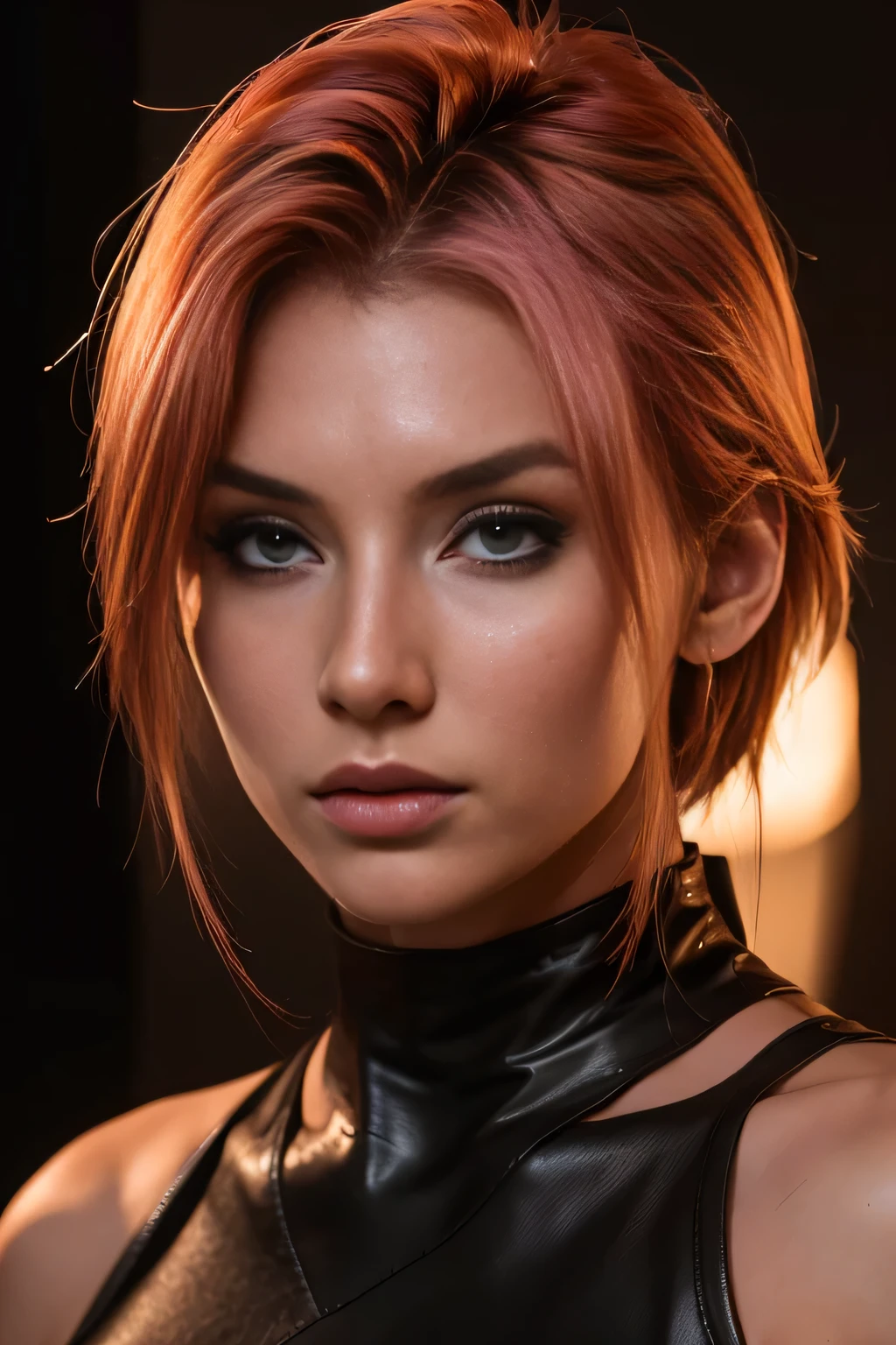 (best quality,4k,8k,highres,masterpiece:1.2), ultra-detailed, (realistic,photorealistic,photo-realistic:1.37), beautiful detailed eyes, beautiful detailed lips, extremely detailed face, long eyelashes, flawless skin, exquisite facial features, radiant complexion, captivating gaze, alluring smile, sensual lips, dark fantasy, a beautiful woman, finely crafted facial Rayne from game the BloodRayne features, intricate brush strokes, beautiful lighting, Cinematic, Color correction, stylized anatomy, short pink hair, full body, evil smile and a look from under the brows, sensual atmosphere, artistic lighting , (cool colors), damp, reflections, (masterpiece) (perfect aspect ratio), (realistic photo), (best quality), (detailed) photographed on a Canon EOS R5, 50mm lens, F/2.8, HDR, (8k) (wallpaper) (cinematic lighting) (dramatic lighting) (sharp focus) (intricate), RAW photo, RAW photo, gigachad photo, posing for camera, dynamic posing, black jeans, 8k uhd, dslr, high quality, film grain, Fujifilm XT3, extremely detailed, photorealistic, realistic, incredibly absurd, highly detailed, sharp focus, (Professional Studio Lighting), (Professional Color Grading), Edge Lighting, Dramatic lighting, Cinematic lighting, Lumen reflections, Soft natural lighting, Soft color, Photon mapping, Radiosity, (Beautiful eyes), (Detailed eyes), (Detailed face), symmetrical eyes, sharp eyes, full body), (HIGH LEVEL OF DETAIL), (skinny athletic body), (sweaty),high detailed skin, uncharacterized texture, hyper detailed, realistic skin texture, armor, best quality, dynamic pose, ultra high res, (photorealistic: 1.4) high resolution, detailed, raw photo, sharp re, by lee jeffries nikon d850 film stock photography 4 kodak portra 400 camera F1.6 Lens rich colors hyper realistic texture dramatic lighting UnrealEngine trend in Artstation Cinestill 800, veins in the body, (body and fitness).