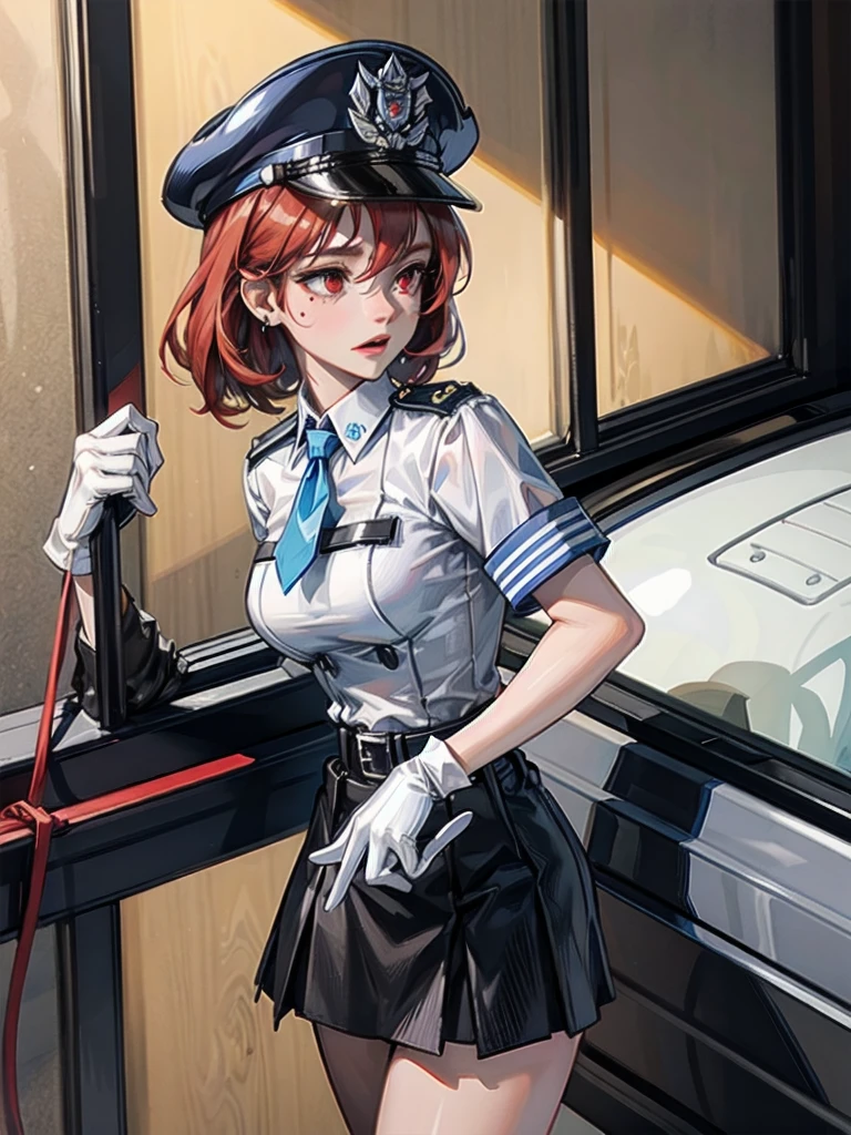 policewoman uniform, light blue short sleeved shirt, navy necktie, high waisted miniskirt, belt, white gloves, police hat, handcuffs, absurdres, RAW photo, extremely delicate and beautiful, masterpiece, Best Quality, ultra high resolution, 32k, hyperrealistic, ultra-detailed, detailed description, pale skin, 20 years old, tearful mole, earring, short medium hair, wavy hair, whole body shot, legs, Redhead, Red eyes, 