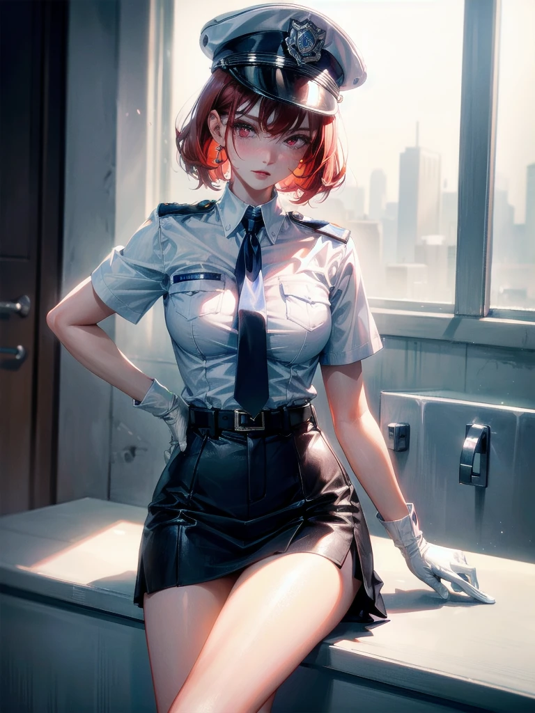 policewoman uniform, light blue short sleeved shirt, navy necktie, high waisted miniskirt, belt, white gloves, police hat, handcuffs, absurdres, RAW photo, extremely delicate and beautiful, masterpiece, Best Quality, ultra high resolution, 32k, hyperrealistic, ultra-detailed, detailed description, pale skin, 20 years old, tearful mole, earring, short medium hair, wavy hair, whole body shot, legs, Redhead, Red eyes, 