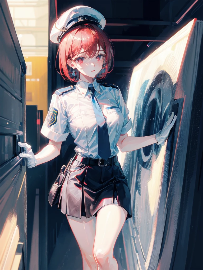 policewoman uniform, light blue short sleeved shirt, navy necktie, high waisted miniskirt, belt, white gloves, police hat, handcuffs, absurdres, RAW photo, extremely delicate and beautiful, masterpiece, Best Quality, ultra high resolution, 32k, hyperrealistic, ultra-detailed, detailed description, pale skin, 20 years old, tearful mole, earring, short medium hair, wavy hair, whole body shot, legs, Redhead, Red eyes,