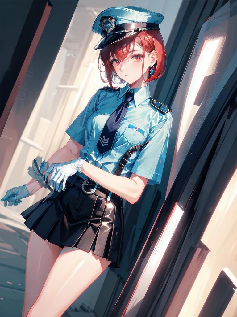 policewoman uniform, light blue short sleeved shirt, navy necktie, high waisted miniskirt, belt, white gloves, police hat, handcuffs, absurdres, RAW photo, extremely delicate and beautiful, masterpiece, Best Quality, ultra high resolution, 32k, hyperrealistic, ultra-detailed, detailed description, pale skin, 20 years old, tearful mole, earring, short medium hair, wavy hair, whole body shot, legs, Redhead, Red eyes,