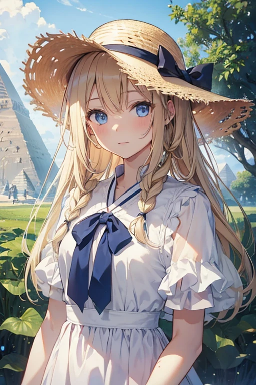 masterpiece, highest quality, High resolution, 1 7-year-old girl、blue eyes、
blonde、Braid、White Dress、Straw hat、Egypt、In front of the pyramid