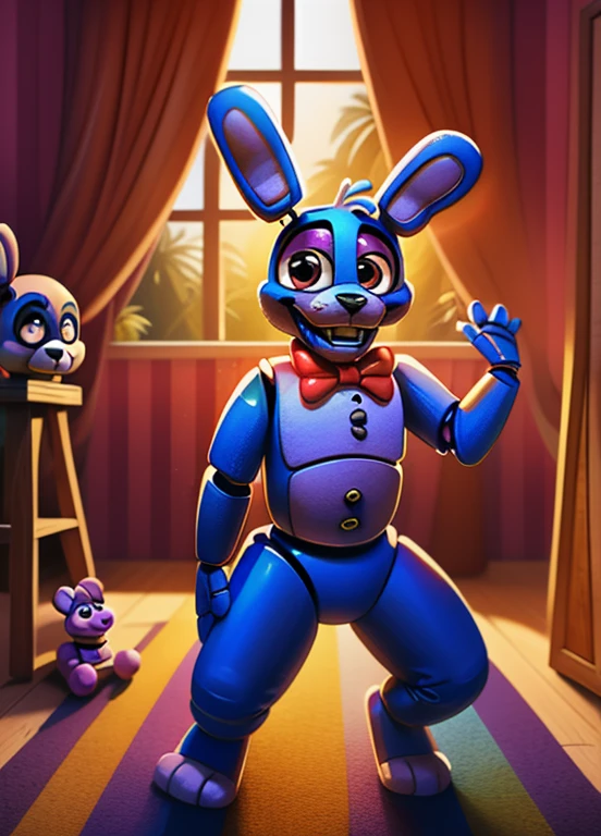 (best quality,highres:1.2), realistic, detailed illustration, Toy Bonnie from Five Nights at Freddy's, playful and vibrant colors, cute and friendly expressions, adorable and fuzzy texture, in a style for kids, with emphasis on the facial features such as big round eyes, a small button nose, and a wide smile, showcasing its charming personality, joyful and energetic pose with its feet visible, surrounded by colorful toys and props, a lively and dynamic background depicting a fun and imaginative setting, soft and gentle lighting to enhance the cozy and inviting atmosphere.