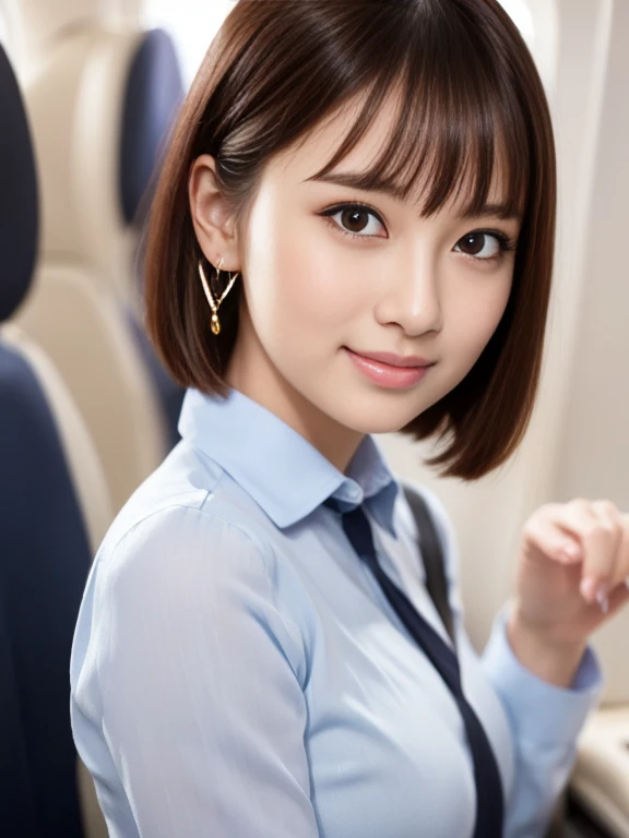 （masterpiece）、(highest quality:1.5)、(16k wallpaper:1.2)、(Photorealistic:1.2)、(Ultra-detailed:1.2)、(超A high resolution:1.2),(Surreal), (High resolution), (Very detailed), (Professional), (Realistic), (Post-processing), (Very detailed),(Sharp focus), Sharp focus:1.2,Photorealistic, Ultra-realistic, Backlight, Bright light, (Improvement of quality:1.4), Healthy thighs、Narrow waist、Big Ass、（Beautiful legs）、((Perfectly detailed five-fingered hands)),（Anatomically correct body）、((1 female:1.4))、Realistic Skin、（Small chest：1.4）,Pretty woman with perfect figure:1.4,(from the front:1.5), (Enhances the beauty of skin texture:1.1), (Beautiful fine details), (Detailed face),Beautiful realistic face,No makeup、美しいBlack Hair、Super Beauty、The best smile、Natural color lip、Even bangs、((29-year-old woman))、Bob Hair、Hair blowing in the wind, (Black Hair, Iris, Watery eyes, Shining Eyes, Short bob cut hair, Small earrings, Lightly reddish), Hair behind the ear、No makeup、(Drooping eyes)、(Drooping eye corners)、Inside the plane, stewardess, stewardessコスチューム, ANAAviation uniforms, Aviation uniforms, Thick thighini skirt, Shiny skin,