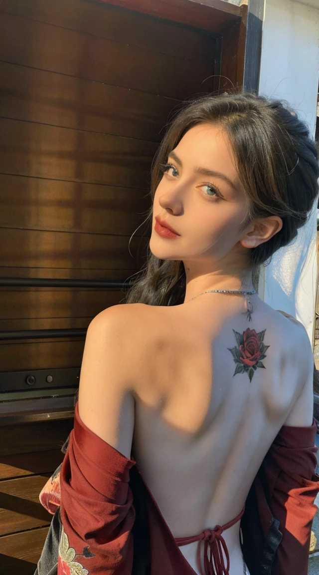 Masterpiece, Top quality, Best quality, Official art, Beautiful and aesthetic:1.2),1girl, tattoo, Single, Japanese clothes, Red and black kimono, Hair decoration, unsheathing, Black hair, sheath, back tattoo, dragon tattoo, Blue eyes, Off shoulder, Bare shoulders, Looking back, From behind, rose, Looking at the viewer, Detain, makeup, outside,
