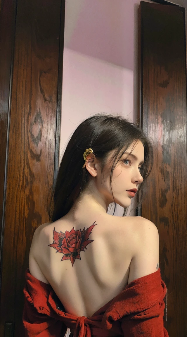 Masterpiece, Top quality, Best quality, Official art, Beautiful and aesthetic:1.2),1girl, tattoo, Single, Japanese clothes, Red and black kimono, Hair decoration, unsheathing, Black hair, sheath, back tattoo, dragon tattoo, Blue eyes, Off shoulder, Bare shoulders, Looking back, From behind, rose, Looking at the viewer, Detain, makeup, outside,