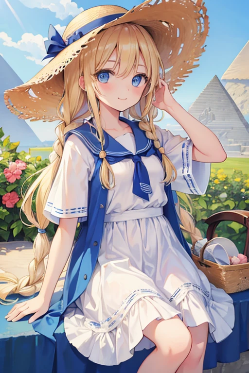masterpiece, highest quality, High resolution, 1 7-year-old girl、blue eyes、
blonde、Braid、White Dress、Straw hat、Egypt、In front of the pyramid