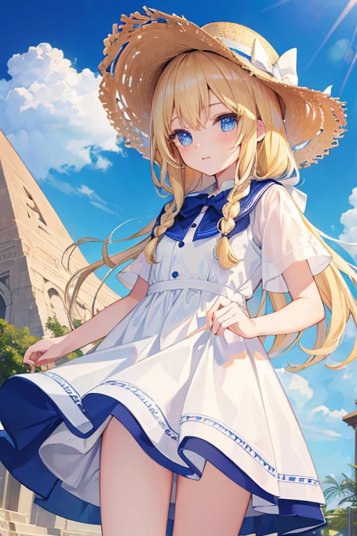 masterpiece, highest quality, High resolution, 1 7--old l、blue eyes、
blonde、Braid、White Dress、Straw hat、Egypt、In front of the pyramid