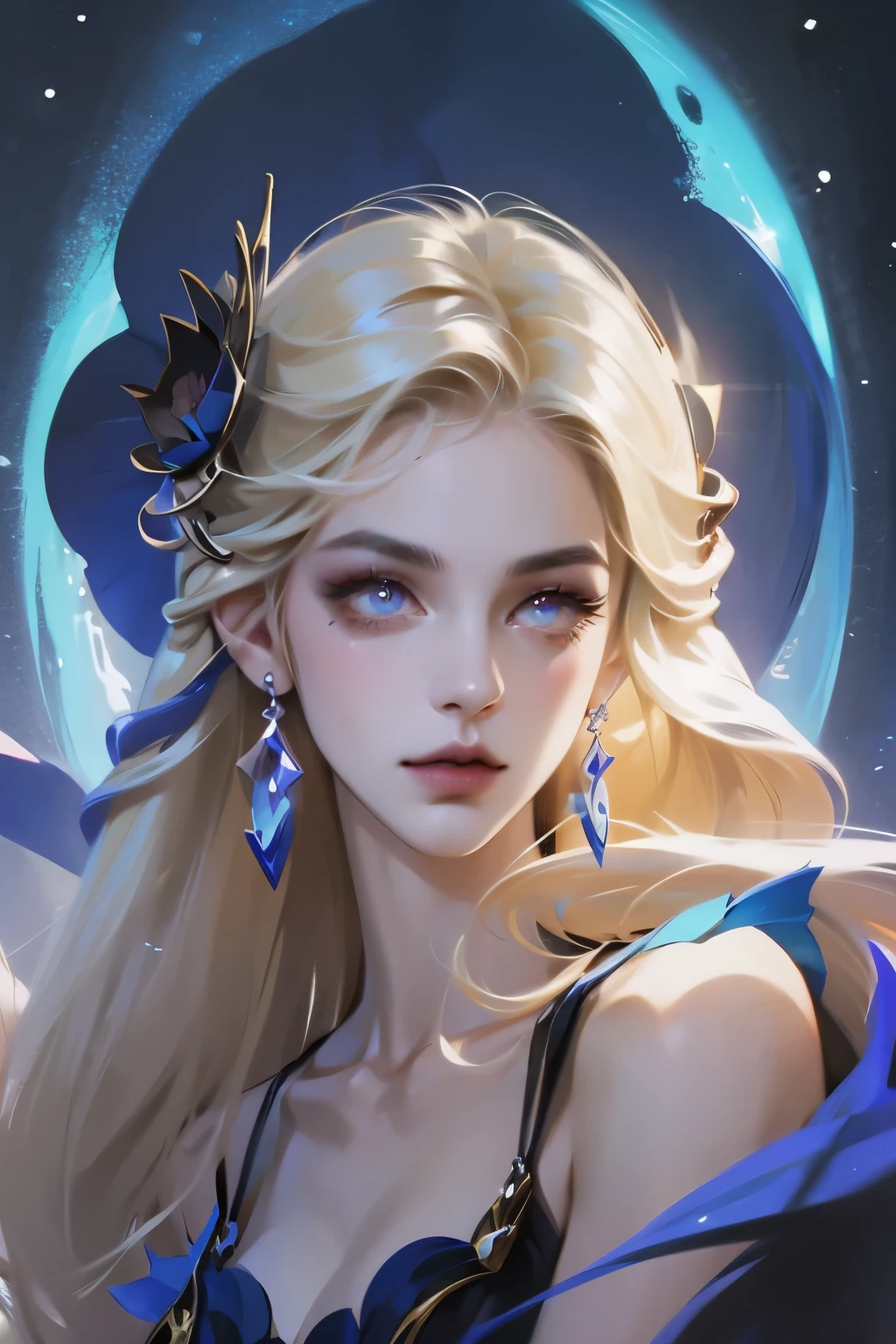 masterpiece, best quality, (Solitary focus), (Perfect face:1.1), (High Detail:1.1), (Extremely detailed eyes), Dramatic, (1 person:0.5), (Pale skin), Long blond hair, Ethereal eyes, (light eyebrows), Solitary, long hair, Jordan Barrett, moon, night, White luxury suit, Cover the navel, Pursed lips, fur, A proud expression, futuristic city, Detailed background, artgerm art, movie lighting, Rose, Fashion, Balenciaga style