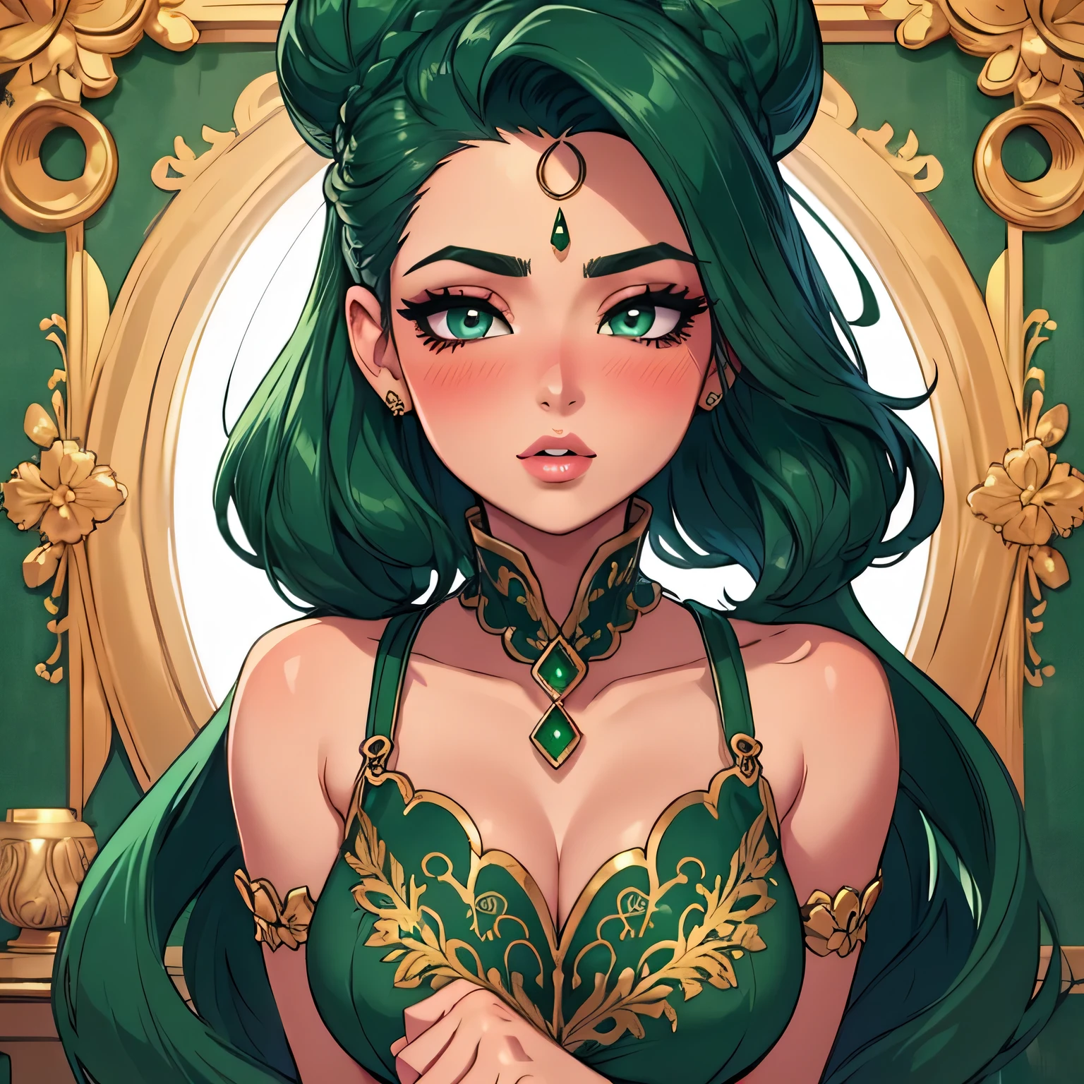 (best quality,ultra-detailed),portrait,sexy woman,beautiful face,detailed eyes and eyebrows,long eyelashes,emerald jewellery,grey eyes,fair skin,intense blushing,glossy lips parted,dark green blouse,dark green saree,gold patterns,emphasizing face,bun hairstyle