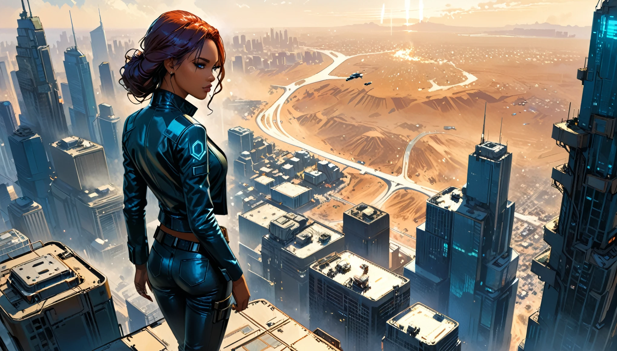 (best quality,realistic),detail face,detail eye,(in style of Brian Stelfreeze:1.4),Jeremy Mann,skyscraper,wasteland,looking_down,foreshortening,solo focus,(futuristic art style:1.2),(sci-fi art:1.5),from_above,1girl,jacket,leather pants,