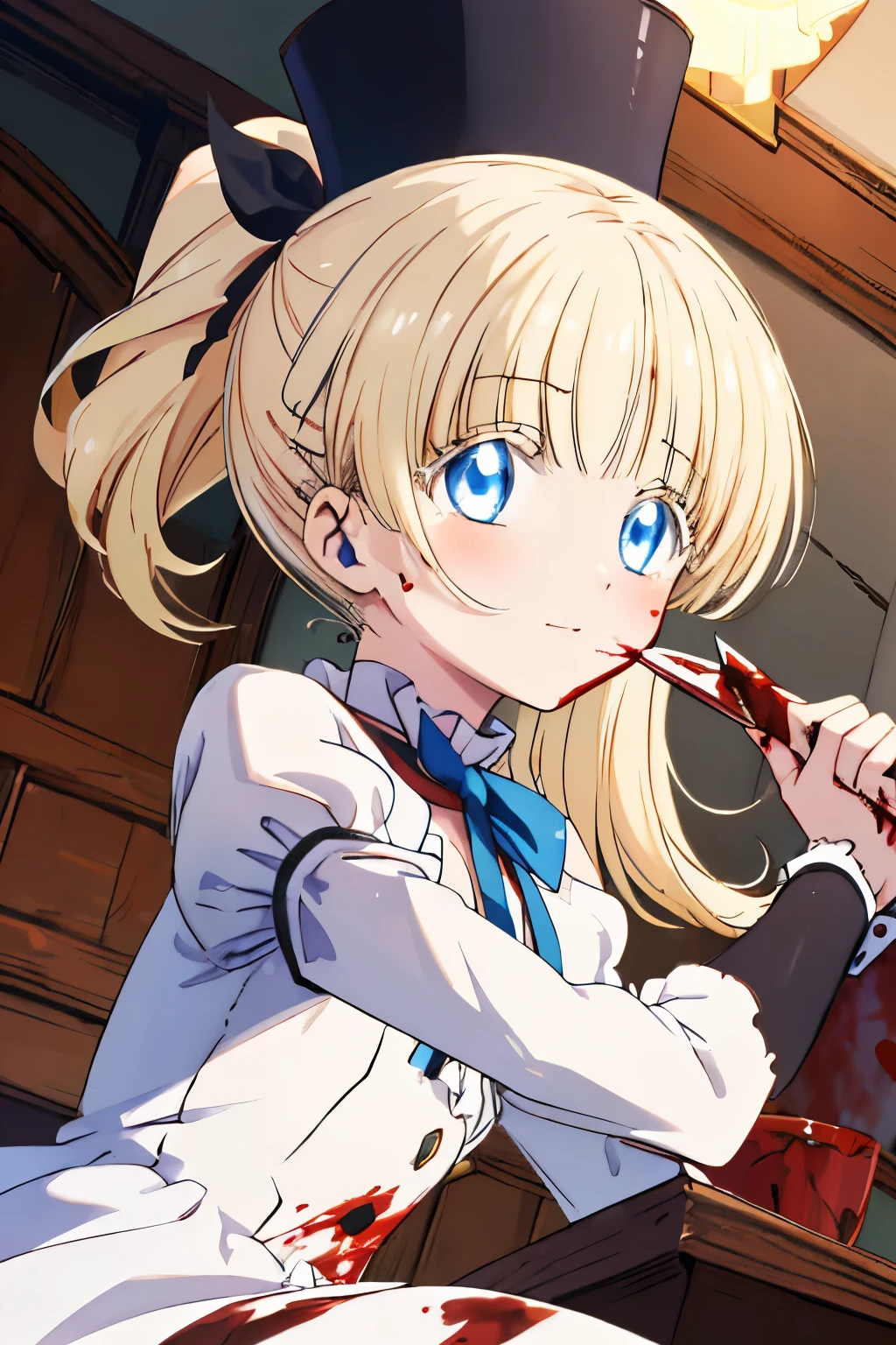 (1girl, solo), blonde hair, side ponytail, (blue eyes:1.5), long hair, (small breast:1.2), (hair ribbon, juliet sleeves, long sleeves, puffy sleeves, blood stained white dress:1.5, frills, top hat, black top hat, hat, hat flower,) BREAK looking at viewer, crazy smile, blush, ((blood, blood on arm, blood on face, blood on clothes, blood on hands,)) BREAK holding knife, knife, indoor, BREAK (masterpiece:1.2), best quality, high resolution, unity 8k wallpaper, (illustration:1.5), anime style, (beautiful detailed eyes:1.6), extremely detailed face, perfect lighting, extremely detailed CG, (perfect hands, perfect anatomy), (dynamic pose, dynamic angle:1.1), BREAK nadja, red heart brooch, jewelry, serial killer, slasher,