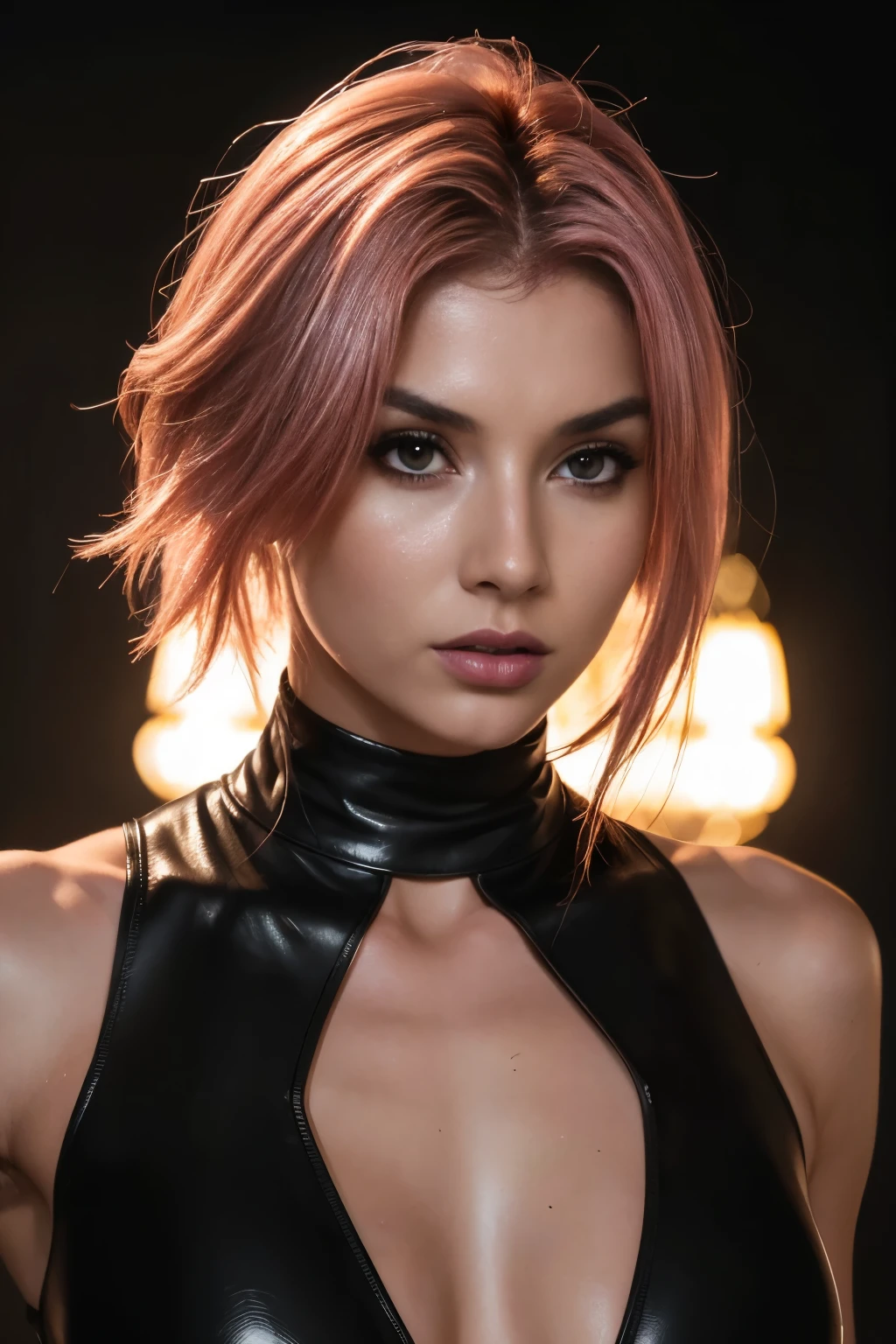 (best quality,4k,8k,highres,masterpiece:1.2), ultra-detailed, (realistic,photorealistic,photo-realistic:1.37), beautiful detailed eyes, beautiful detailed lips, extremely detailed face, long eyelashes, flawless skin, exquisite facial features, radiant complexion, captivating gaze, alluring smile, sensual lips, dark fantasy, a beautiful woman, finely crafted facial Rayne from game the BloodRayne features, intricate brush strokes, beautiful lighting, Cinematic, Color correction, stylized anatomy, ((short pink hair)), full body, evil smile and a look from under the brows, sensual atmosphere, artistic lighting , (cool colors), damp, reflections, (masterpiece) (perfect aspect ratio), (realistic photo), (best quality), (detailed) photographed on a Canon EOS R5, 50mm lens, F/2.8, HDR, (8k) (wallpaper) (cinematic lighting) (dramatic lighting) (sharp focus) (intricate), RAW photo, RAW photo, gigachad photo, posing for camera, dynamic posing, black jeans, 8k uhd, dslr, high quality, film grain, Fujifilm XT3, extremely detailed, photorealistic, realistic, incredibly absurd, highly detailed, sharp focus, (Professional Studio Lighting), (Professional Color Grading), Edge Lighting, Dramatic lighting, Cinematic lighting, Lumen reflections, Soft natural lighting, Soft color, Photon mapping, Radiosity, (Beautiful eyes), (Detailed eyes), (Detailed face), symmetrical eyes, sharp eyes, full body), (HIGH LEVEL OF DETAIL), (skinny athletic body), (sweaty),high detailed skin, uncharacterized texture, hyper detailed, realistic skin texture, armor, best quality, dynamic pose, ultra high res, (photorealistic: 1.4) high resolution, detailed, raw photo, sharp re, by lee jeffries nikon d850 film stock photography 4 kodak portra 400 camera F1.6 Lens rich colors hyper realistic texture dramatic lighting UnrealEngine trend in Artstation Cinestill 800, veins in the body, (body and fitness).