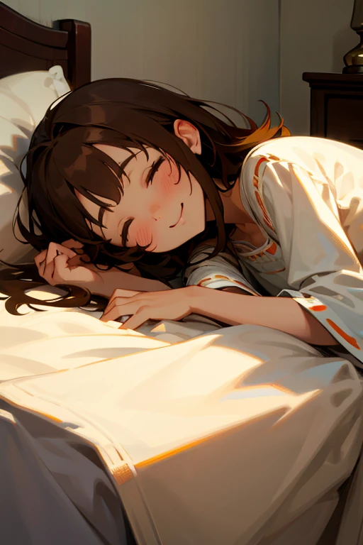1lady,solo,cute,perfect face,brown hair,smile,happy,close eye,sleeping,in bedroom