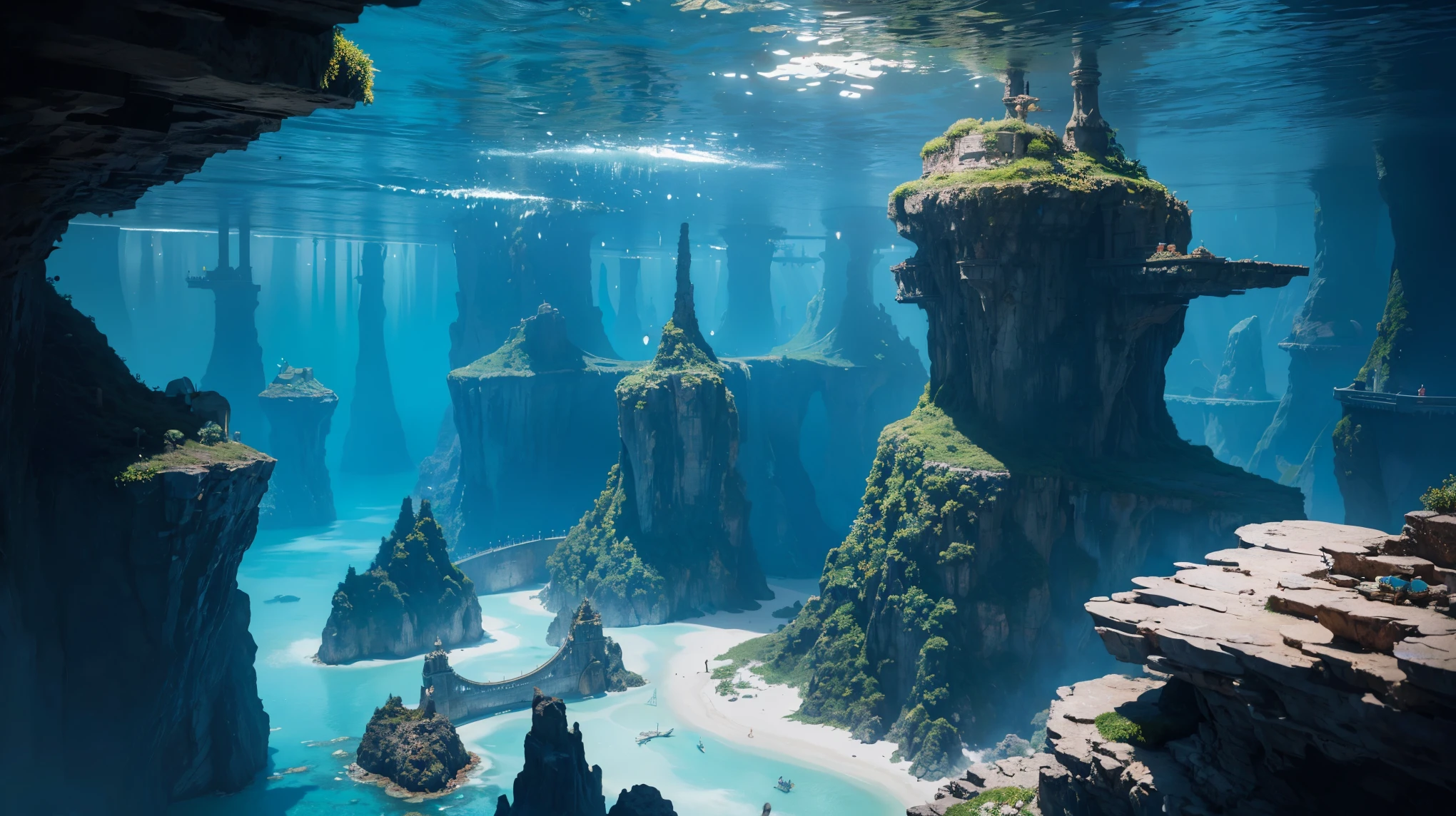 A painting depicting a fantasy world beyond dimensions,Undersea World,Atlantis,SF,Upright,Studio Ghibli,Unreal Engine,A magnificent composition,CG digital rendering,Ultra HD,Highly detailed technology,3 color matching