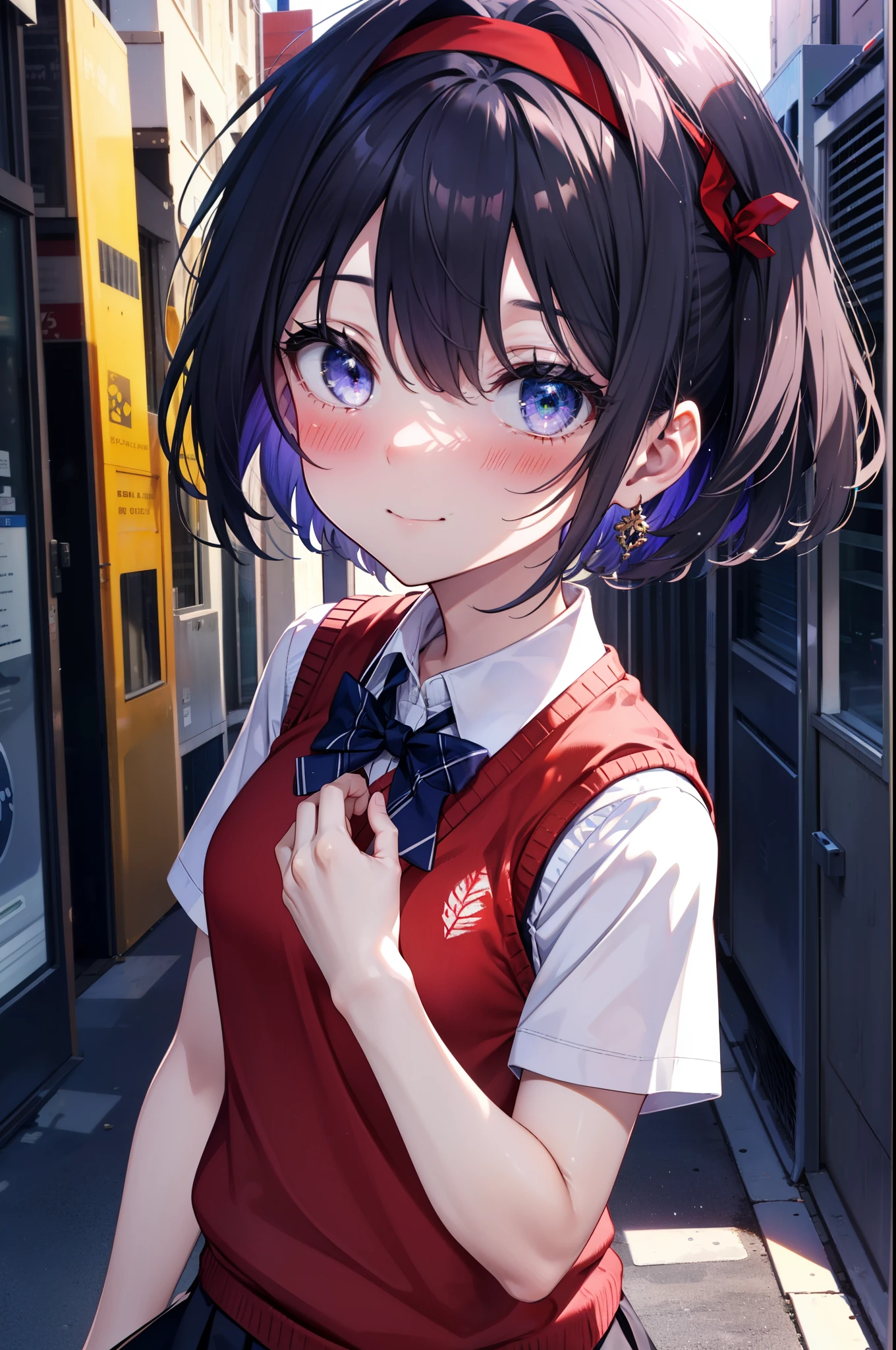 yuukikonno, Yuki Konno,Black Hair,short hair,Bob Hair ,Green headband,(iris:1.5), (Small breasts:1.2), smile,break skirt, shirt, bow, ribbon, , white shirt, Short sleeve, Pleated skirt, collared shirt, mini skirt, bowtie, 茶色のloafers , Black Skirt, Black Pantyhose, loafers, black bow, Sweater vest, (red Sweater vest:1.5),whole bodyがイラストに入るように,walk,Looking down from above,
break outdoors, city,construction area,
break looking at viewer, whole body,
break (masterpiece:1.2), highest quality, High resolution, unity 8k wallpaper, (shape:0.8), (Beautiful details:1.6), Highly detailed face, Perfect lighting, Extremely detailed CG, (Perfect hands, Perfect Anatomy),
