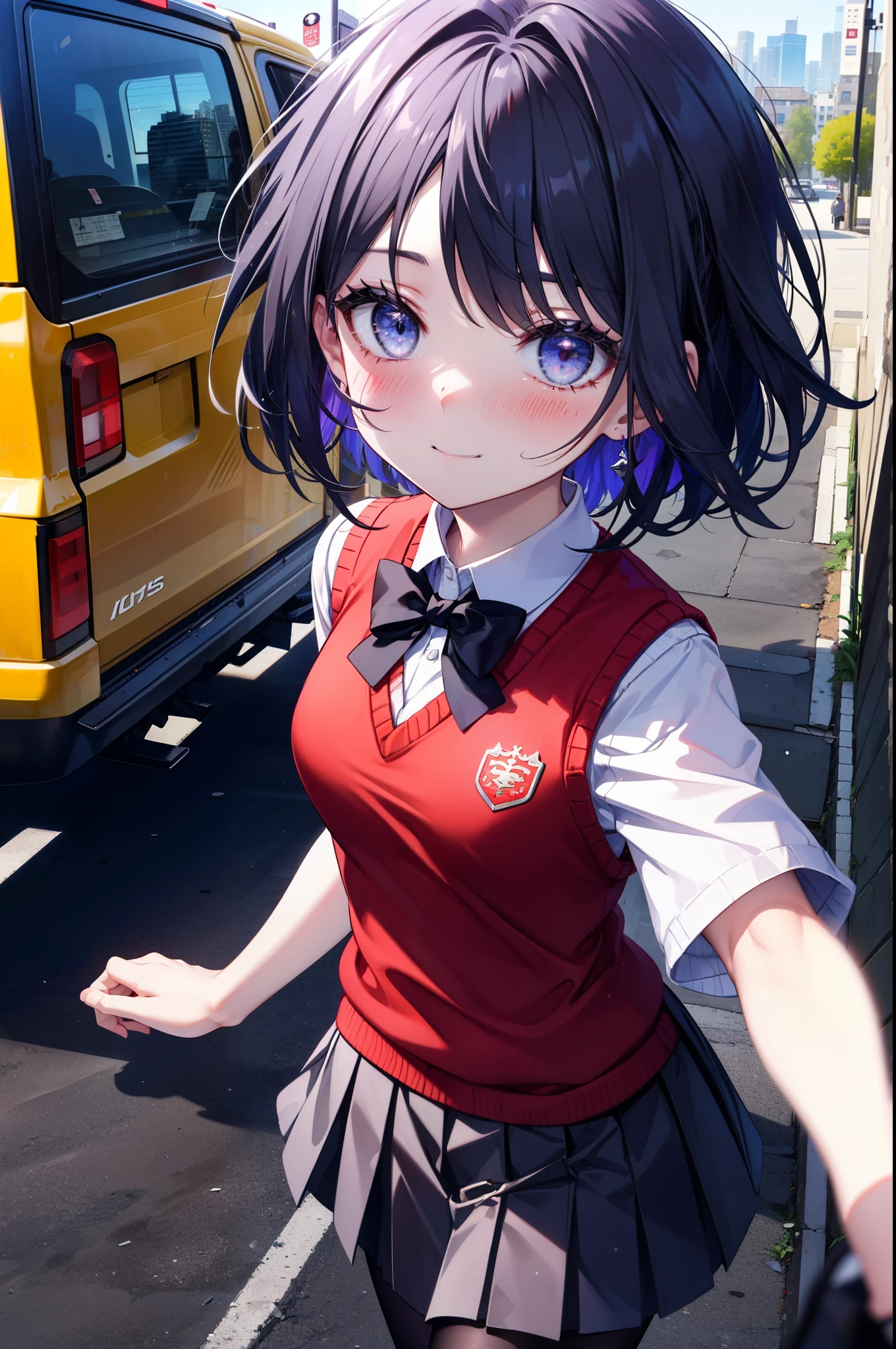 yuukikonno, Yuki Konno,Black Hair,short hair,Bob Hair ,Green headband,(iris:1.5), (Small breasts:1.2), smile,break skirt, shirt, bow, ribbon, , white shirt, Short sleeve, Pleated skirt, collared shirt, mini skirt, bowtie, 茶色のloafers , Black Skirt, Black Pantyhose, loafers, black bow, Sweater vest, (red Sweater vest:1.5),whole bodyがイラストに入るように,walk,Looking down from above,
break outdoors, city,construction area,
break looking at viewer, whole body,
break (masterpiece:1.2), highest quality, High resolution, unity 8k wallpaper, (shape:0.8), (Beautiful details:1.6), Highly detailed face, Perfect lighting, Extremely detailed CG, (Perfect hands, Perfect Anatomy),