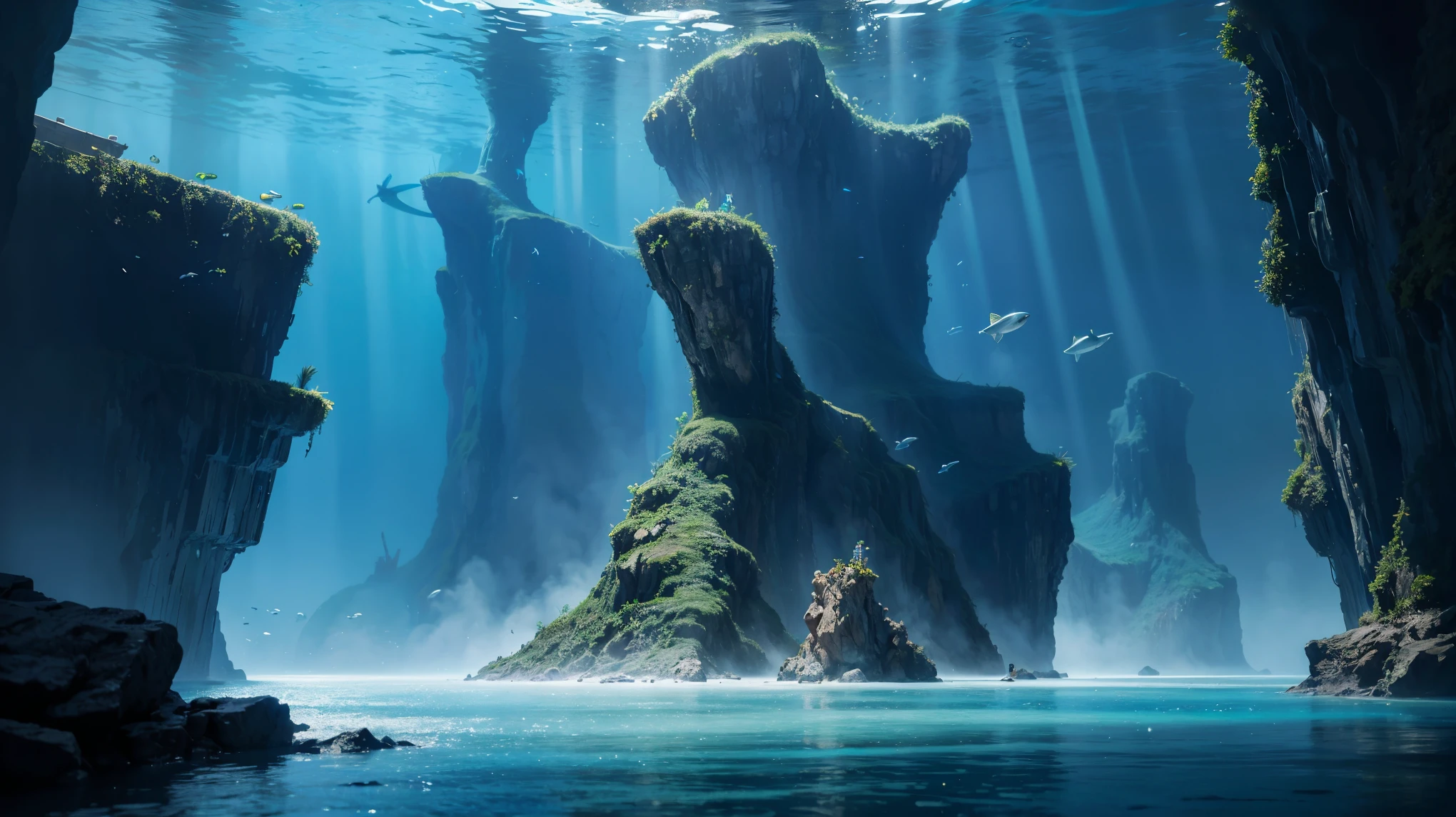 A painting depicting a fantasy world beyond dimensions,Undersea World,Atlantis,SF,Upright,Studio Ghibli,Unreal Engine,A magnificent composition,CG digital rendering,Ultra HD,Highly detailed technology,3 color matching