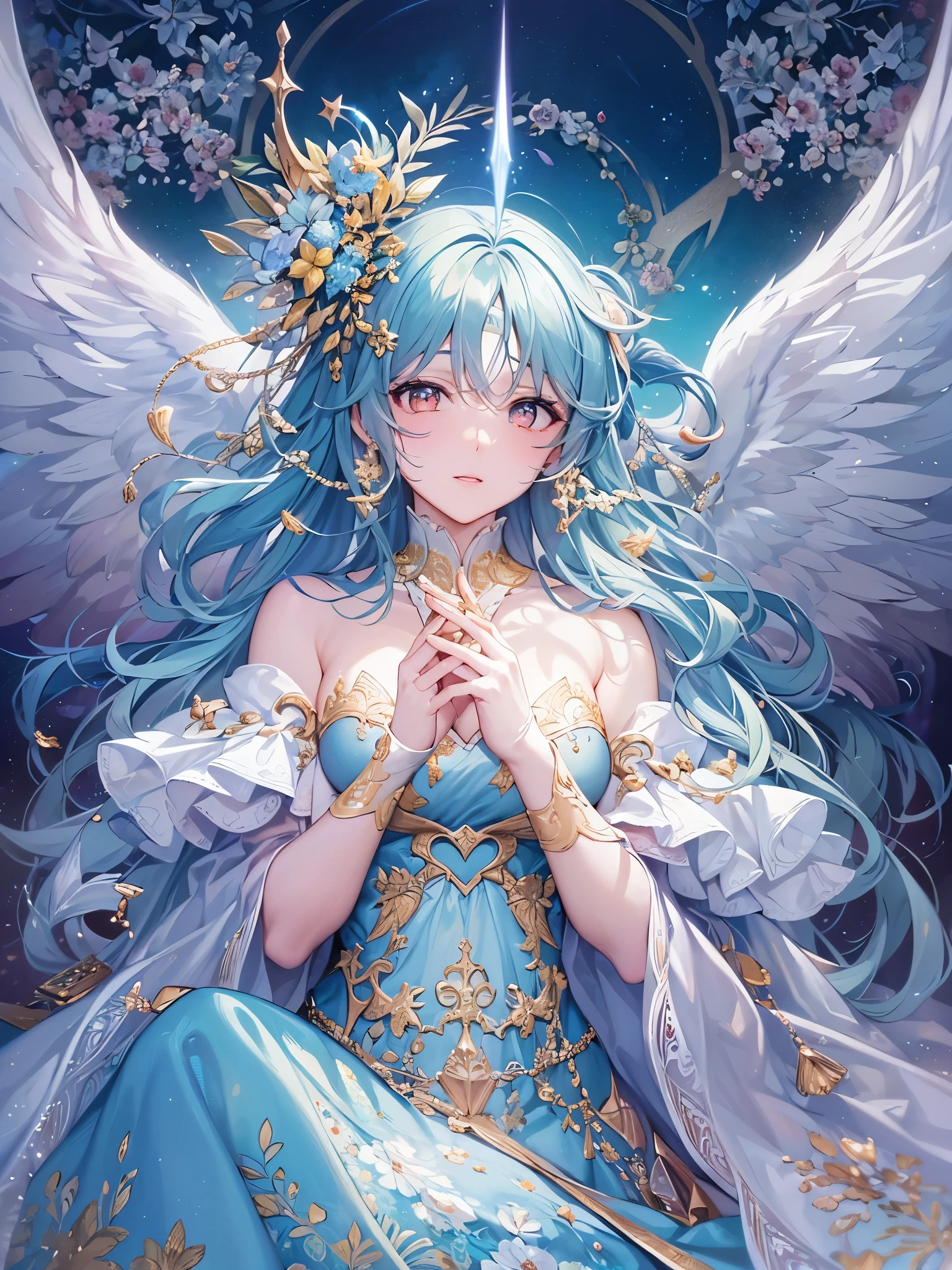 ((highest quality)),(Ultra-high resolution),(Super detailed new),(Detailed Description),((The best CG)),(A masterpiece),Ultra-detailed art,A wonderful new art form,(Art with precise detail:1.5), Sparkling, Angel Wings, Light,