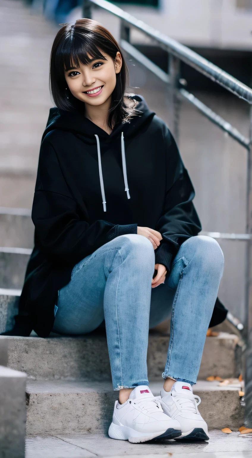 highest quality, Realistic, Very detailed, Finer details, High resolution, 8k wallpaper, One beautiful woman,Sit on the stairs、（Wear black socks）smile、（Beautiful teeth alignment、）（Gums are visible） Oversized hoodie, Skinny jeans,（ Black sneakers）、Black Hair、 Beautiful Bangs、ear piercing、Perfect dynamic composition, Beautiful and detailed, Full Body Shot, A big smile
