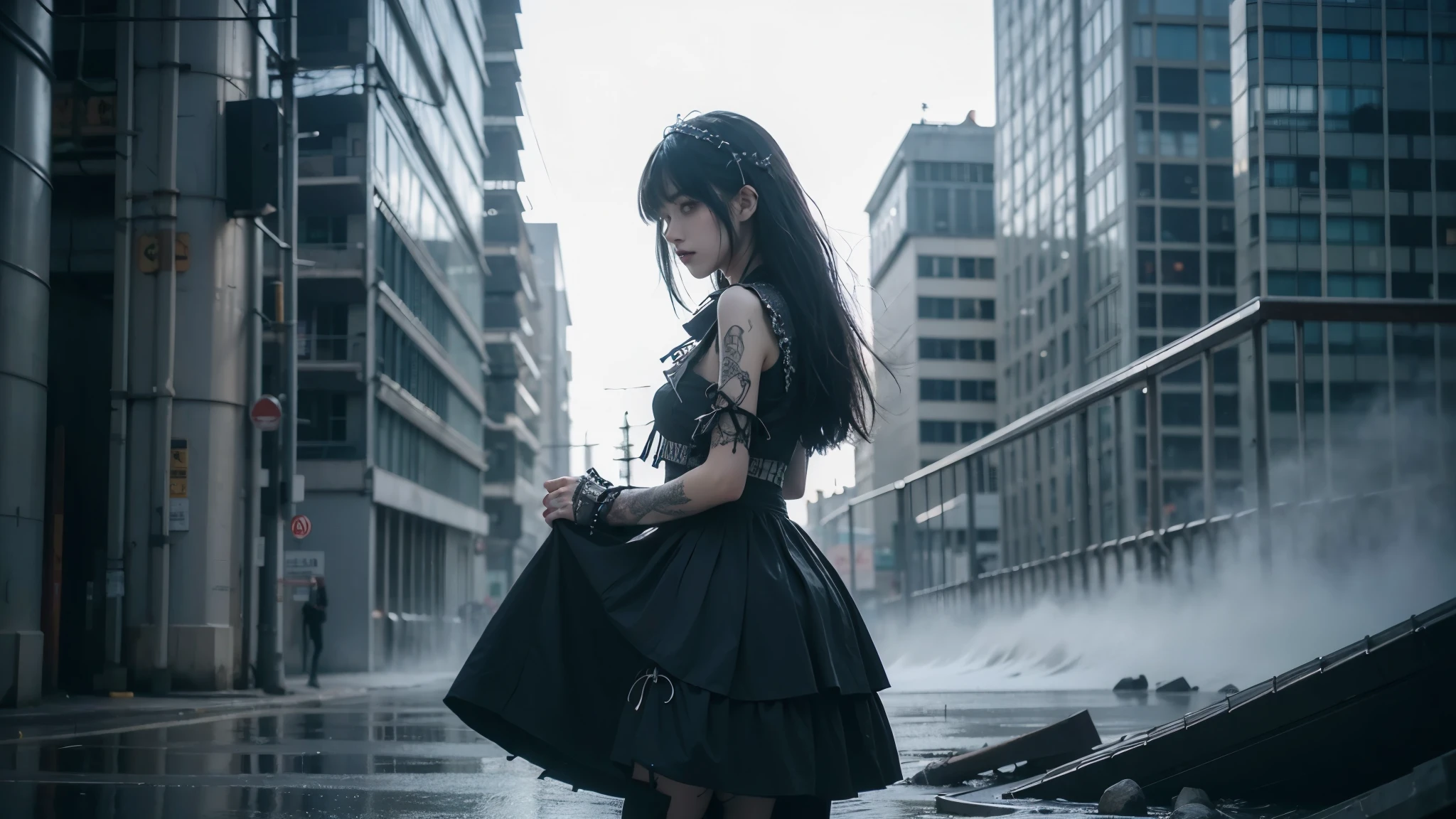 breathing, 1 girl, 24-years-old, slender, floating Medium Hair, bangs, (Gothic_Punk:1.2), masterpiece, best quality, RAW Photos, candytt, Detailed costume, fine texture background, Moody movie scene, blue ambient