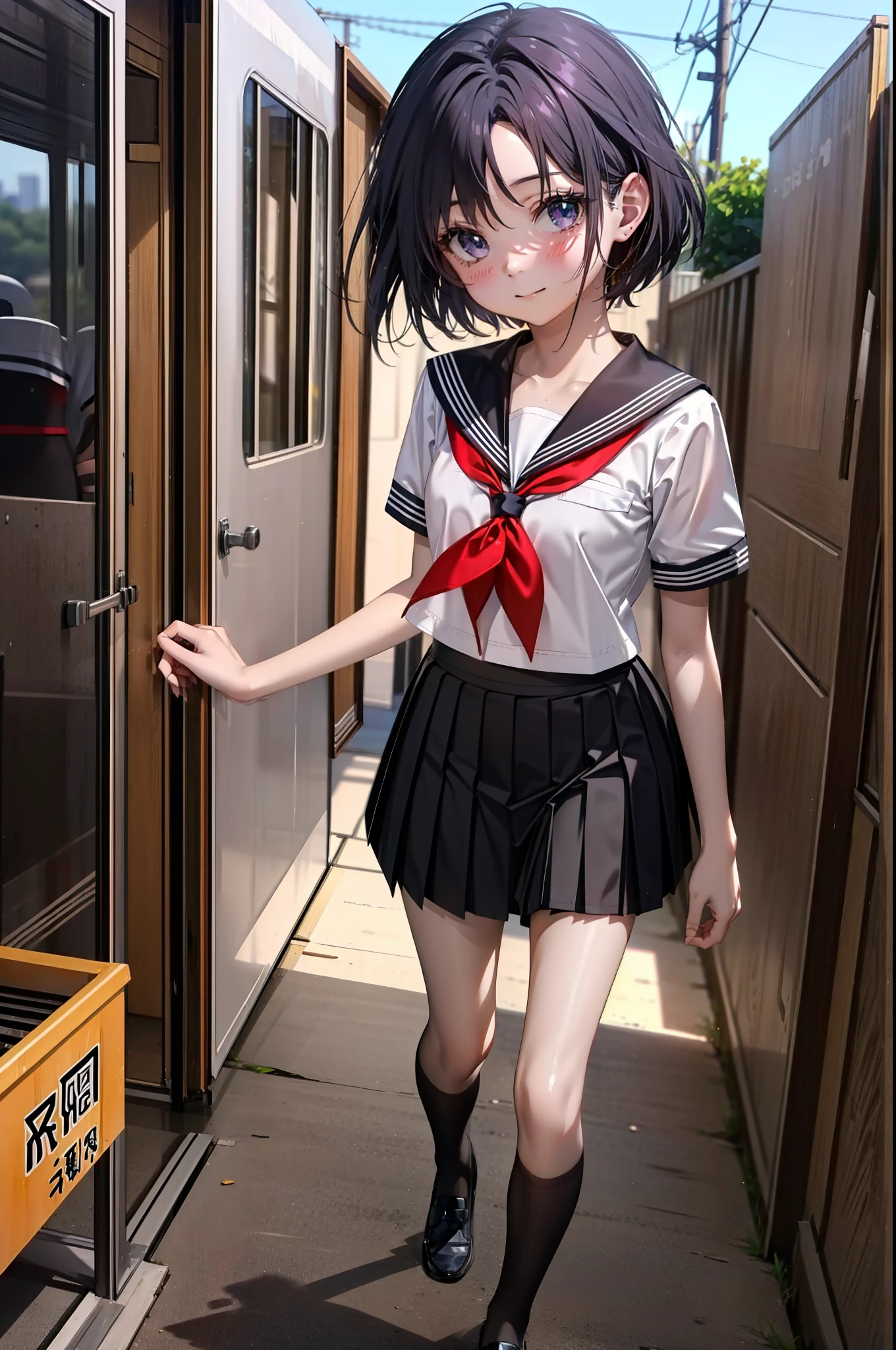 yuukikonno, Yuki Konno,Black Hair,short hair,Bob Hair ,Green headband,(iris:1.5), (Small breasts:1.2), smile,Japanese schoolgirl(Black Sailor Suit),Short sleeve,Black pleated skirt,Black knee socks,Brown Loafers,whole bodyがイラストに入るように,walk,
break outdoors,  city,construction area,
break looking at viewer, whole body,
break (masterpiece:1.2), highest quality, High resolution, unity 8k wallpaper, (shape:0.8), (Beautiful details:1.6), Highly detailed face, Perfect lighting, Extremely detailed CG, (Perfect hands, Perfect Anatomy),