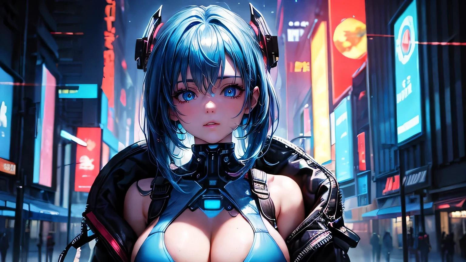 ((masterpiece, highest quality, Ultra Clear, High resolution)), alone, beautiful girl, Shining Eyes, Perfect Eyes, 30 years old, Blue Theme, cyberpunk,Blue Hair,Neon Light,Cyberpunk Landscape,Cyberpunk Gadgets,Large Breasts,
