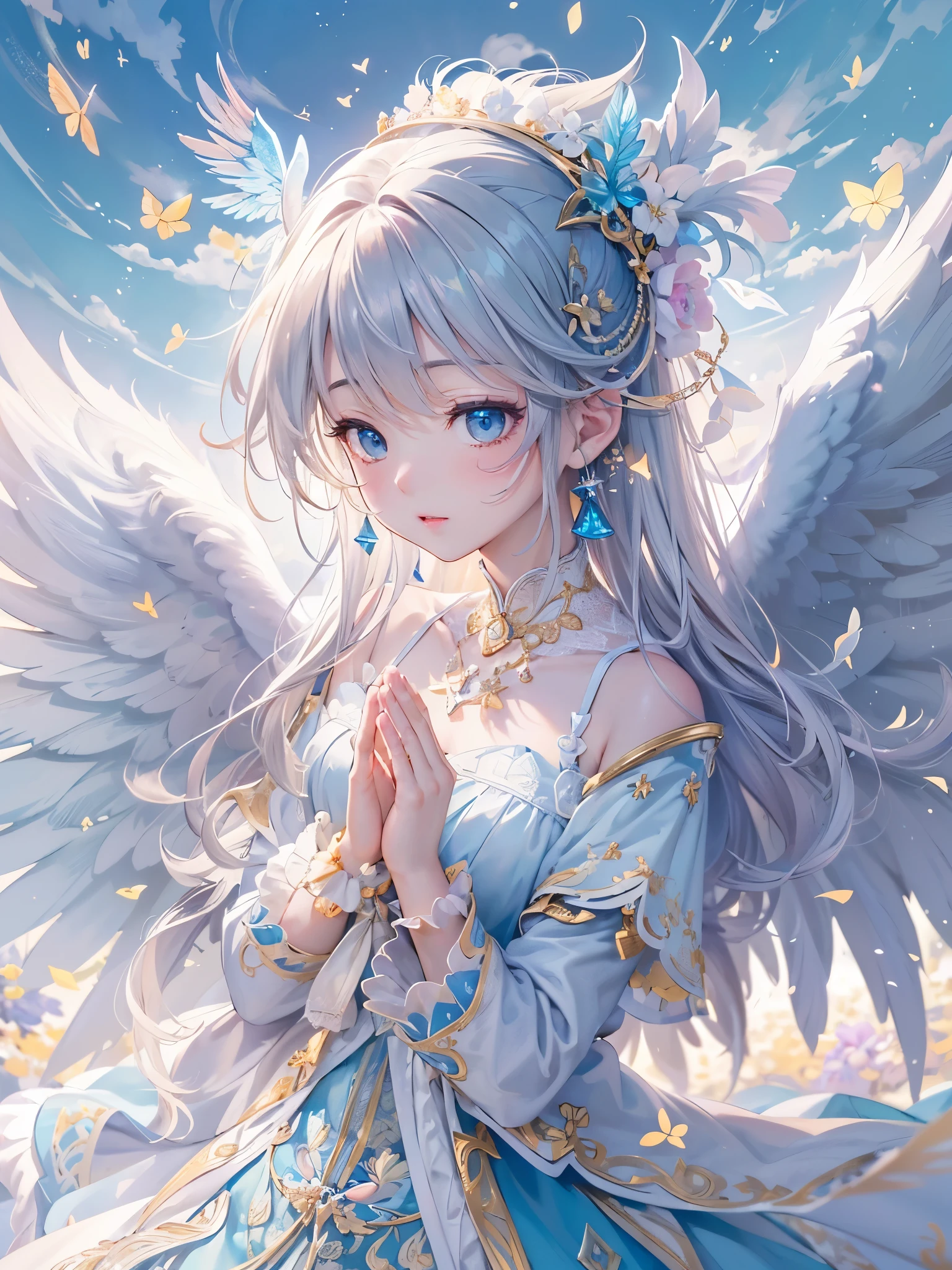 ((highest quality)),(Ultra-high resolution),(Super detailed new),(Detailed Description),((The best CG)),(A masterpiece),Ultra-detailed art,A wonderful new art form,(Art with precise detail:1.5), Sparkling, Angel Wings, Light,