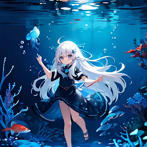 (Peace Fly), (highest quality), Very detailed, 1 girl, Personal full-body photo, Perfect Face, beautiful girl, Very detailed顔,(Long white hair:1.5),(blue eyes:1.4),(Flowing Hair:1.4),(Underwater:1.4),sink,school fishy,Light,jellyfish,Seaweed,Redfish,fishy,deep sea,Fantasy