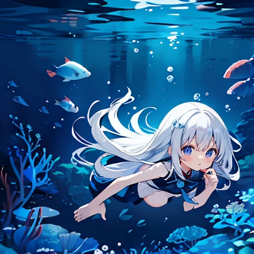 (Peace Fly), (highest quality), Very detailed, 1 girl, Personal full-body photo, Perfect Face, beautiful girl, Very detailed顔,(Long white hair:1.5),(blue eyes:1.4),(Flowing Hair:1.4),(Underwater:1.4),sink,school fishy,Light,jellyfish,Seaweed,Redfish,fishy,deep sea,Fantasy