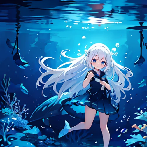 (Peace Fly), (highest quality), Very detailed, 1 girl, Personal full-body photo, Perfect Face, beautiful girl, Very detailed顔,(Long white hair:1.5),(blue eyes:1.4),(Flowing Hair:1.4),(Underwater:1.4),sink,school fishy,Light,jellyfish,Seaweed,Redfish,fishy,deep sea,Fantasy