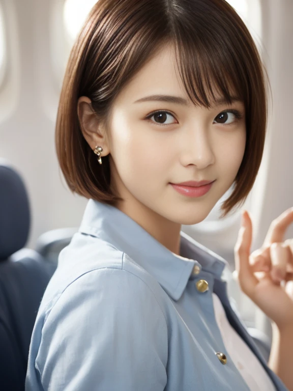 （masterpiece）、(highest quality:1.5)、(16k wallpaper:1.2)、(Photorealistic:1.2)、(Ultra-detailed:1.2)、(超A high resolution:1.2),(Surreal), (High resolution), (Very detailed), (Professional), (Realistic), (Post-processing), (Very detailed),(Sharp focus), Sharp focus:1.2,Photorealistic, Ultra-realistic, Backlight, Bright light, (Improvement of quality:1.4), Healthy thighs、Narrow waist、Big Ass、（Beautiful legs）、((Perfectly detailed five-fingered hands)),（Anatomically correct body）、((1 female:1.4))、Realistic Skin、（Small chest：1.4）,Pretty woman with perfect figure:1.4,(from the front:1.5), (Enhances the beauty of skin texture:1.1), (Beautiful fine details), (Detailed face),Beautiful realistic face,No makeup、美しいBlack Hair、Super Beauty、The best smile、Natural color lip、Even bangs、((29-year-old woman))、Bob Hair、Hair blowing in the wind, (Black Hair, Iris, Watery eyes, Shining Eyes, Short bob cut hair, Small earrings, Lightly reddish), Hair behind the ear、No makeup、(Drooping eyes)、(Drooping eye corners)、Inside the plane, stewardess, stewardessコスチューム, ANAAviation uniforms, Aviation uniforms, Thick thighs、Tight Skirt, Shiny skin,