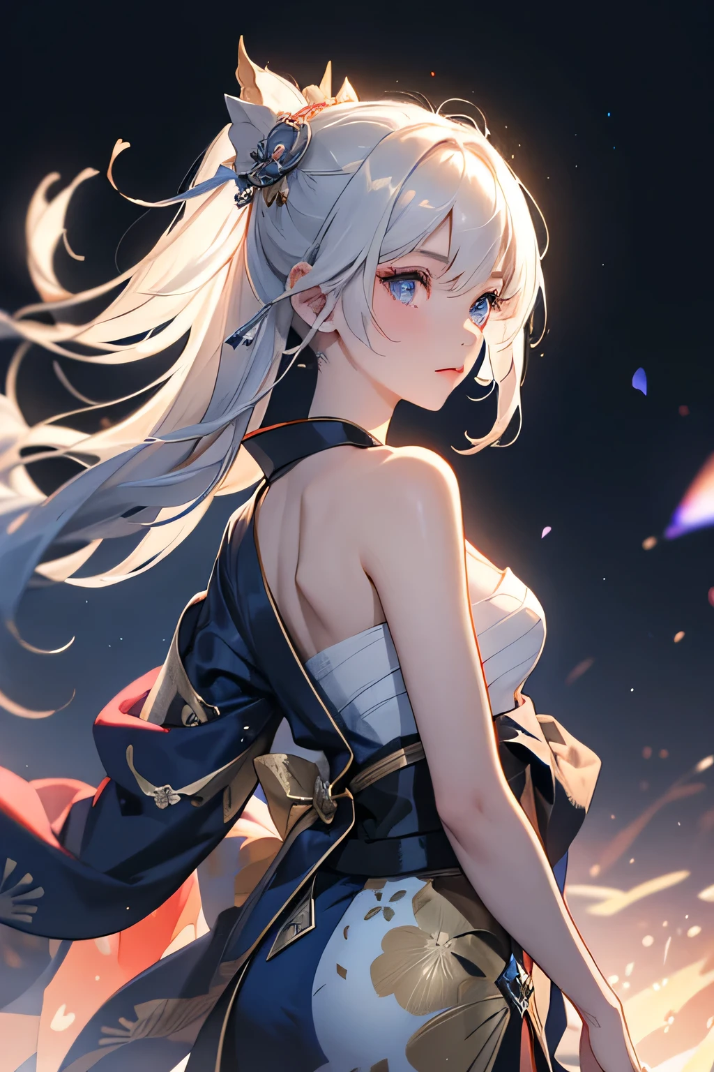 (masterpiece, best quality, dutch angle)(1girl, solo)(white hair,Lapis Lazuli Eyes,Straight long hair)(sarashi,japanese clothes,one shoulder、Wear one kimono:1.4、Black long kimono、One shoulder exposed)(Serious expression, Woman holding a sword:1.3、floating hair)(Japan Mansion、Mystical Night、Particles of light float around the woman、Fantastic atmosphere)from behind
