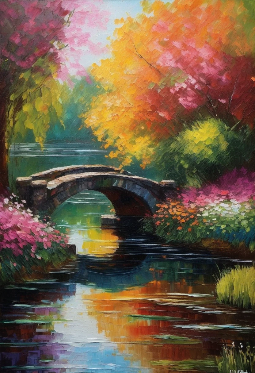 Claude Monet Style, Low stone bridge, beautiful color array, dashes of pink, touches of white, autumn powdering, smooth landscape, peaceful mood, In the styles of Claude Monet, Camille Pissarro, neo-impressionism expressionist style oil painting, smooth post-impressionist impasto acrylic painting, thick layers of colourful textured paint, visible brushstrokes and vibrant, unblended colors to convey the atmosphere and mood