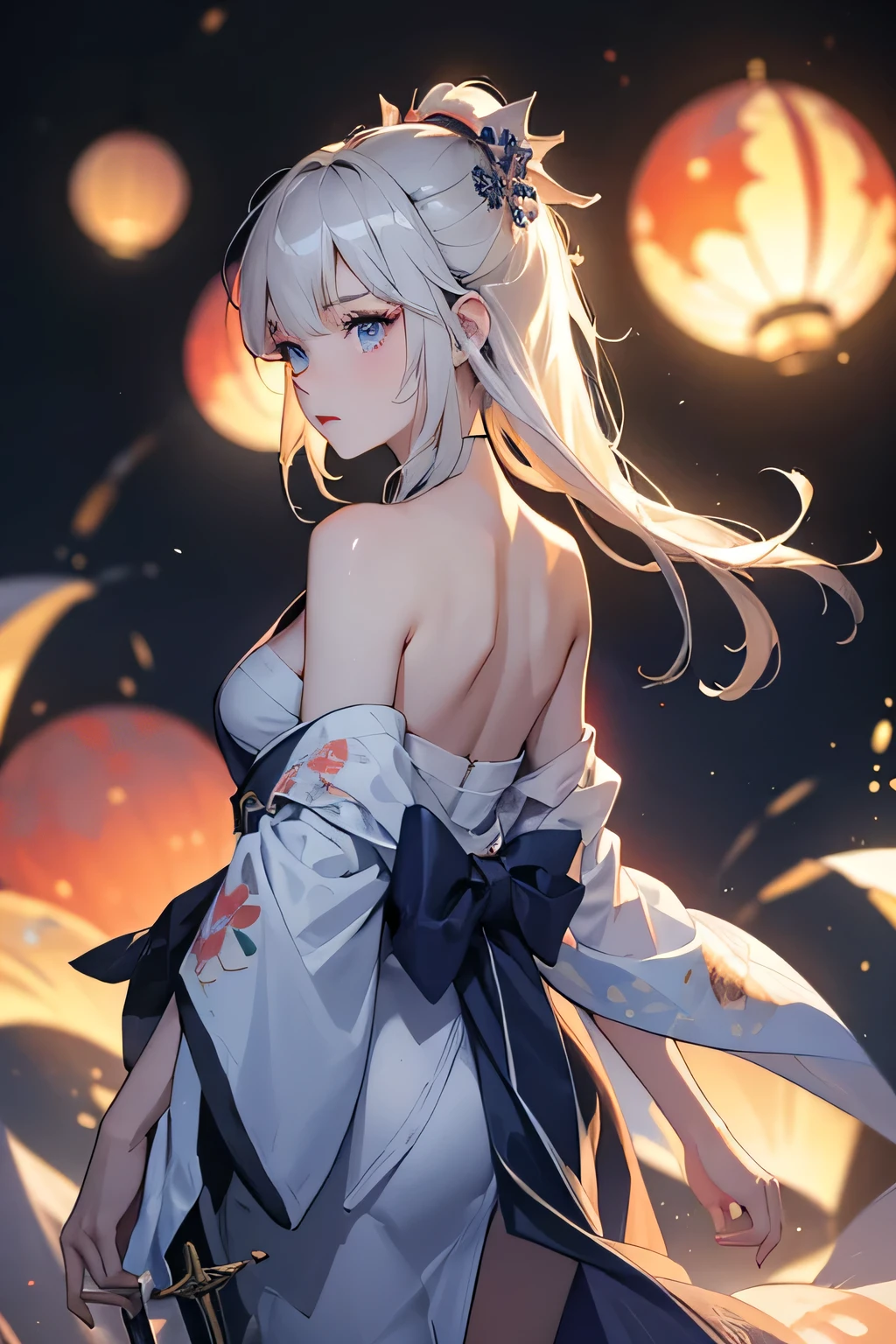 (masterpiece, best quality, dutch angle)(1girl, solo)(white hair,Lapis Lazuli Eyes,Straight long hair)(sarashi,japanese clothes,one shoulder、Wear one kimono:1.4、Black long kimono、One shoulder exposed)(Serious expression, Woman holding a sword:1.3、floating hair)(Japan Mansion、Mystical Night、Particles of light float around the woman、Fantastic atmosphere)from behind