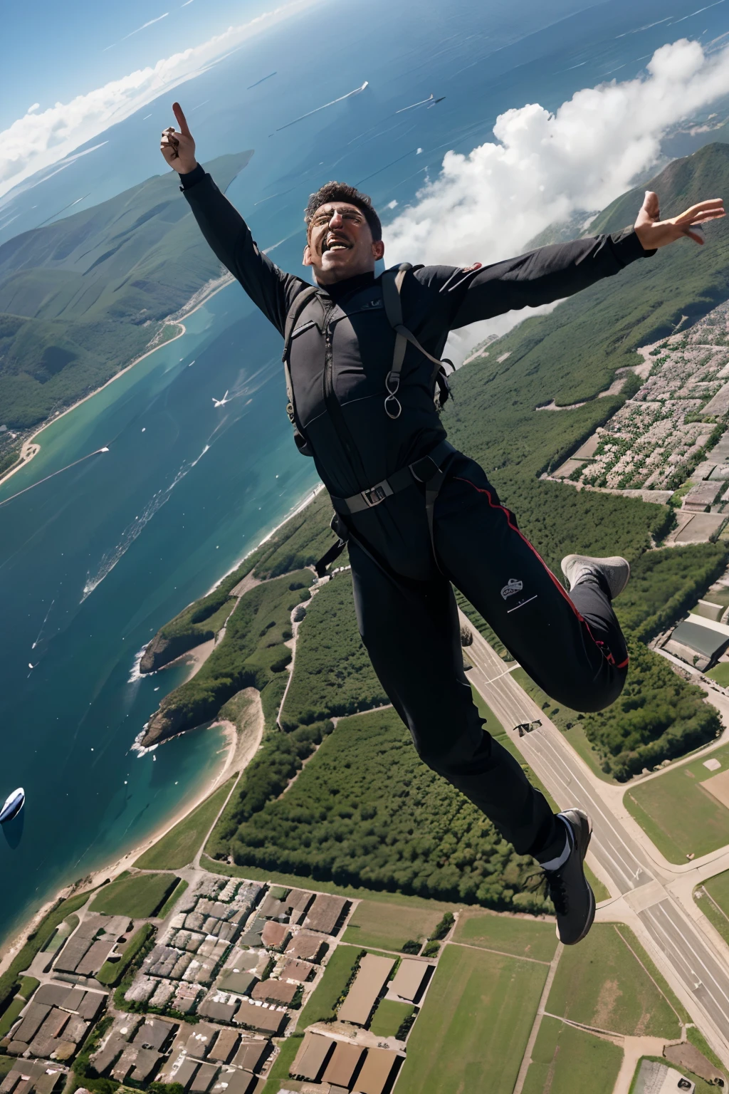 Queda livre, man jumping out of a plane, paraquedas, dynamic view, real picture, ultra realism, 8k, full HD