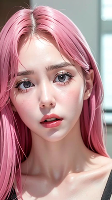 Ultra realistic, open shot, best quality, dream aesthetic (a little blurry in cinematic vibrant light), ultra-detailed, fine details, high resolution (image taken by analog camera), Perfect dynamic composition, illuminated pale skin, perfect shading, beautiful (realistic) detailed clear eyes, naked, pantyhose, pale-pink hair, long messy (silky) hair (pale pink), natural big breasts, Natural Color Lip, face with pleasure and fatigue expression, open mouth, Random and sensual poses, bedroom (background unfocused)、20 year old、dream atmosphere
