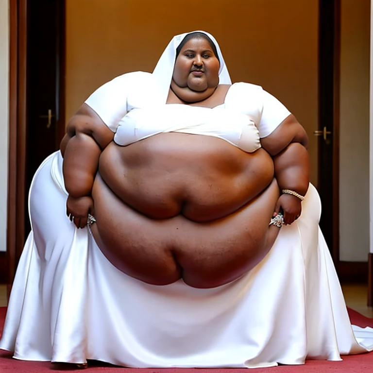 sbbw solo extremely morbidly obese Sudanese woman full body alone wearing a white wedding dress